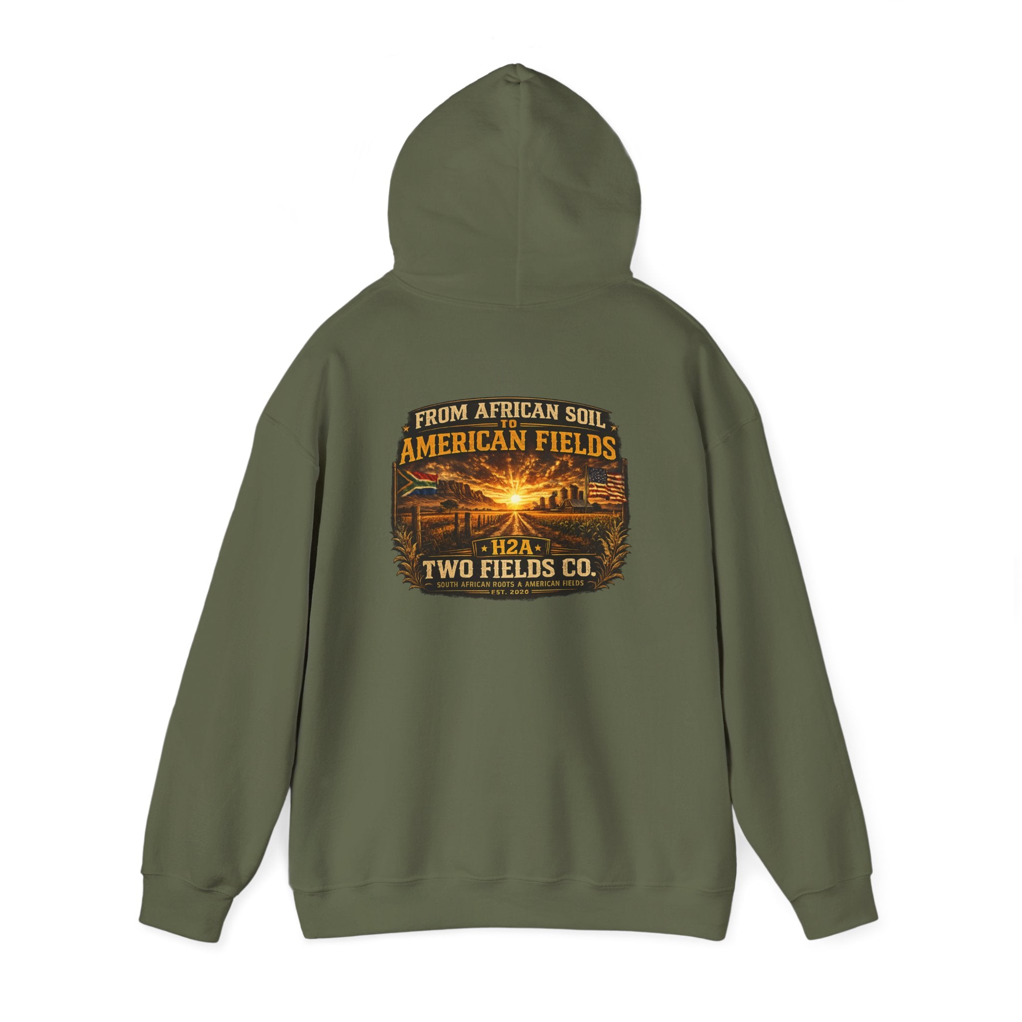 Olive green pullover hoodie with large rear graphic logo print and hood