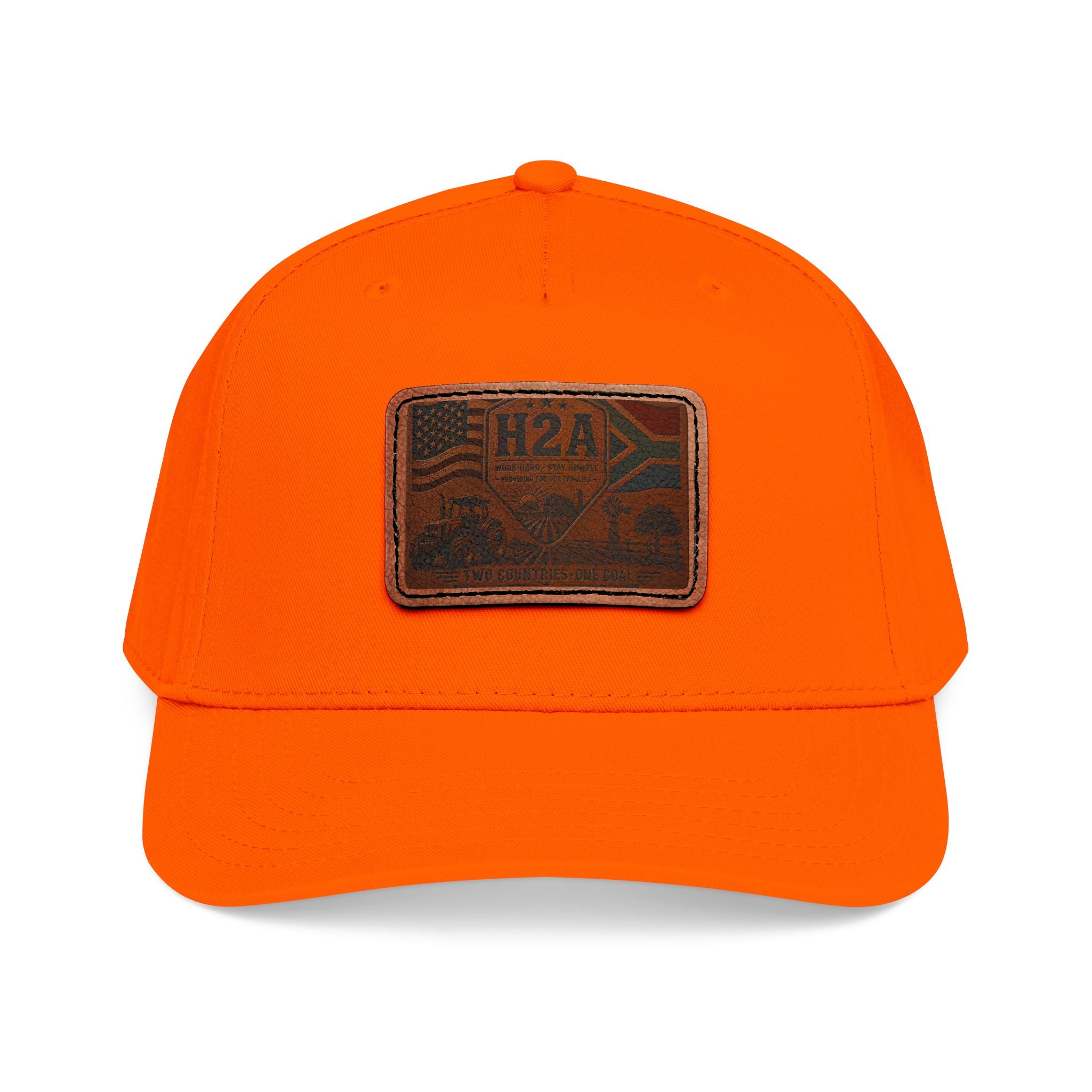 Mid-profile baseball cap in bright orange with rectangular H2A leather patch.