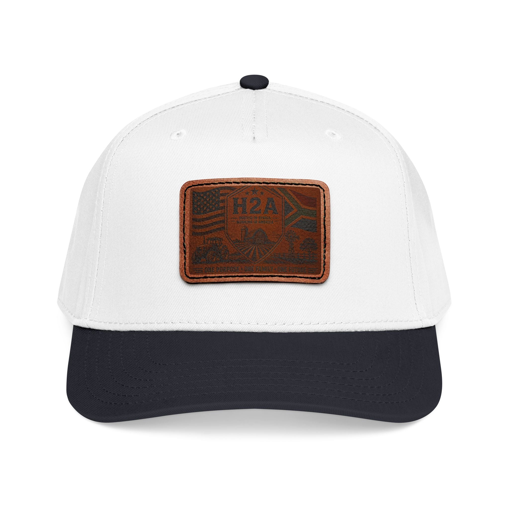 White baseball cap with dark navy brim and rectangular H2A flag patch