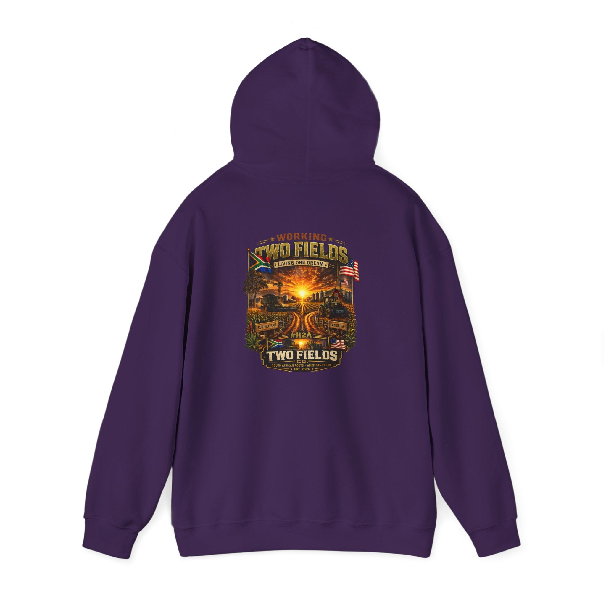 Purple hoodie with hood and back scenic farm graphic
