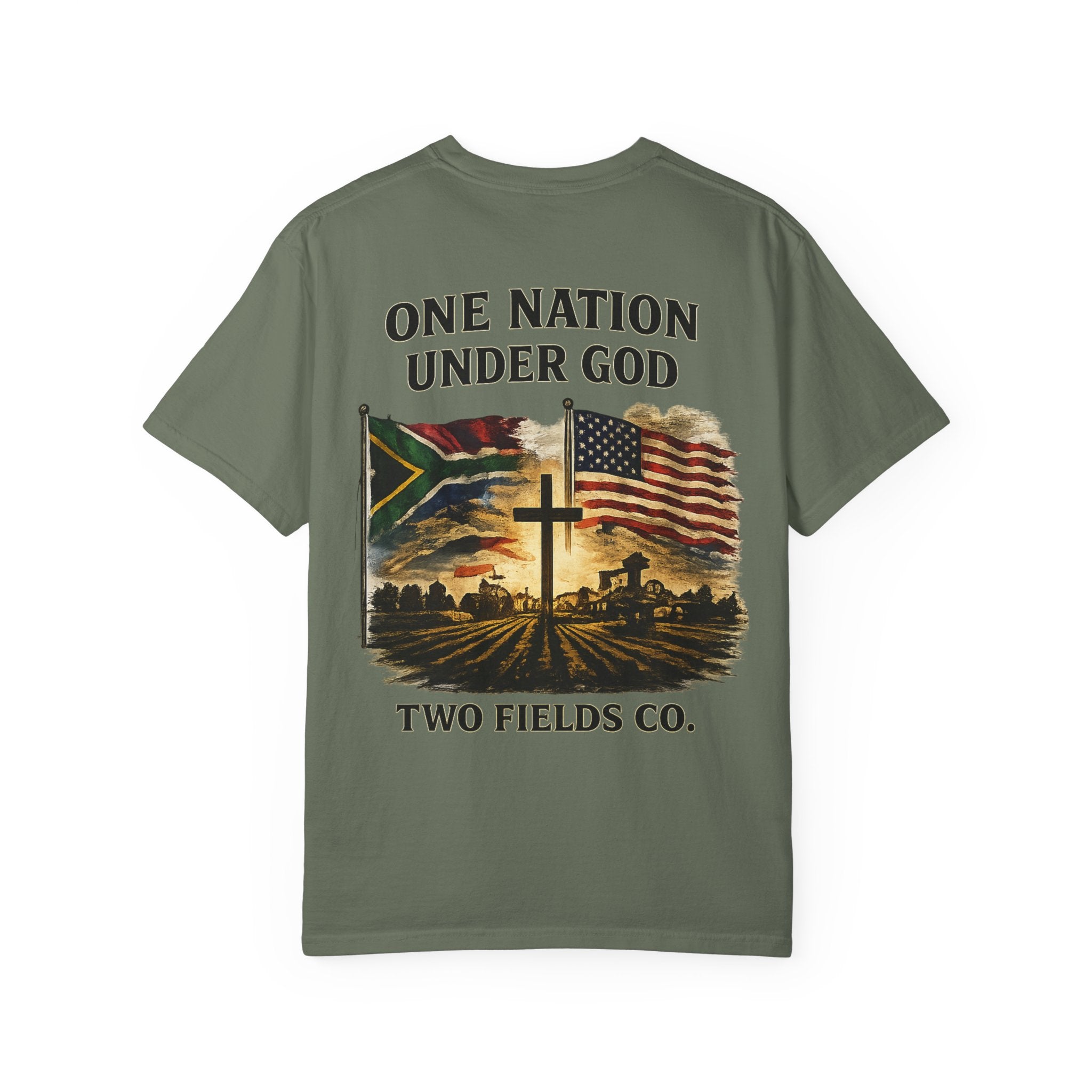Olive T-shirt front: cross, American flag, “One Nation Under God” text