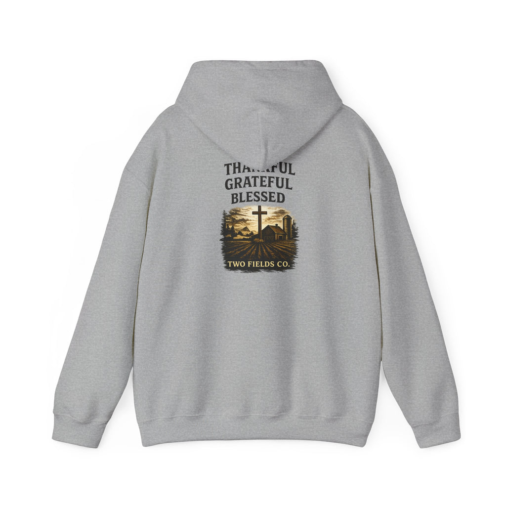Gray pullover hoodie with back print: Thankful Grateful Blessed cross and house graphic