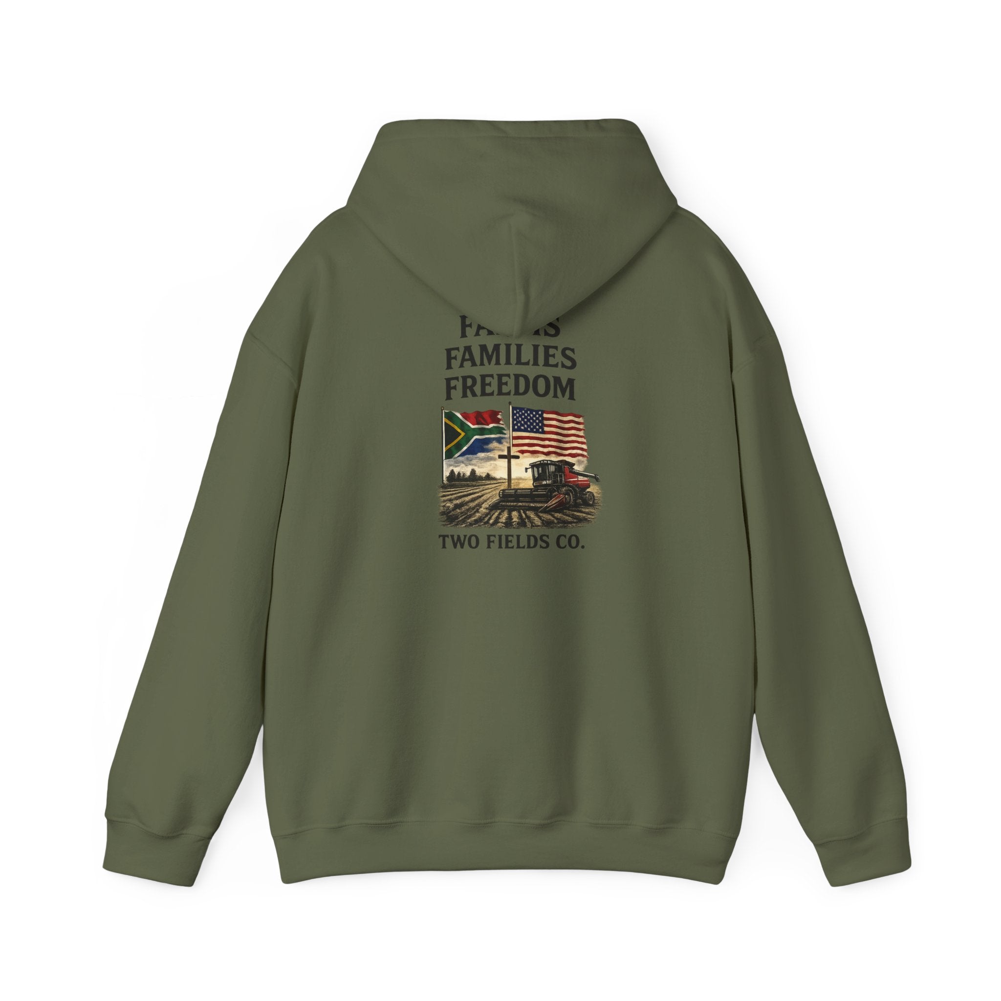 Olive pullover hoodie with drawstring hood and back Freedom graphic print