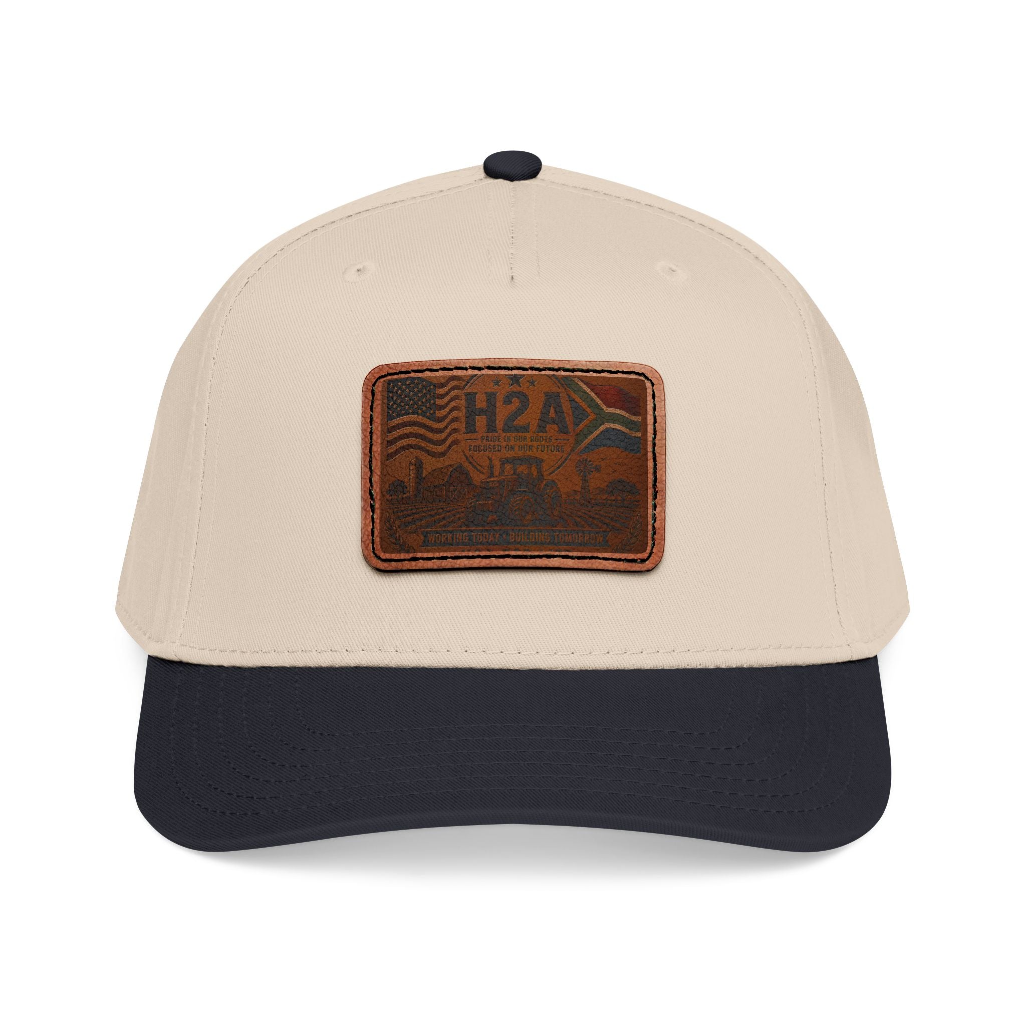 Leather patch baseball cap, beige and dark navy with rectangular H2A truck patch on front
