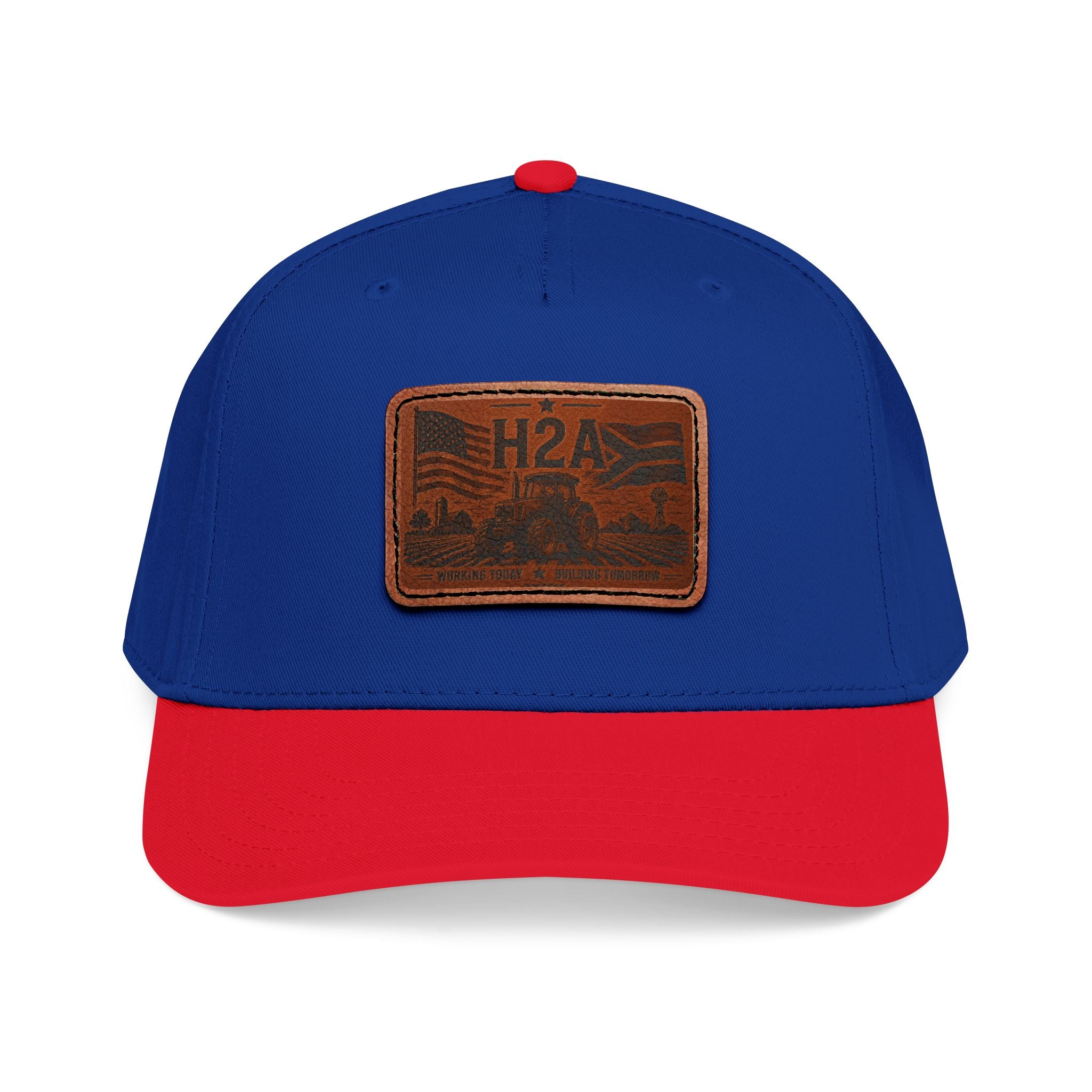 Royal blue and red baseball cap with rectangular H2A leather patch