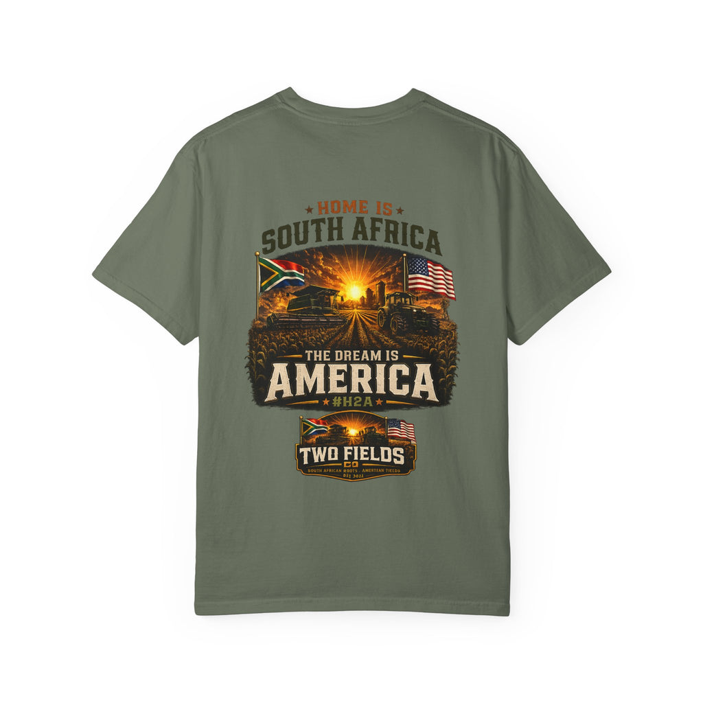 Olive T-shirt with South Africa and America graphic text and flag city scene