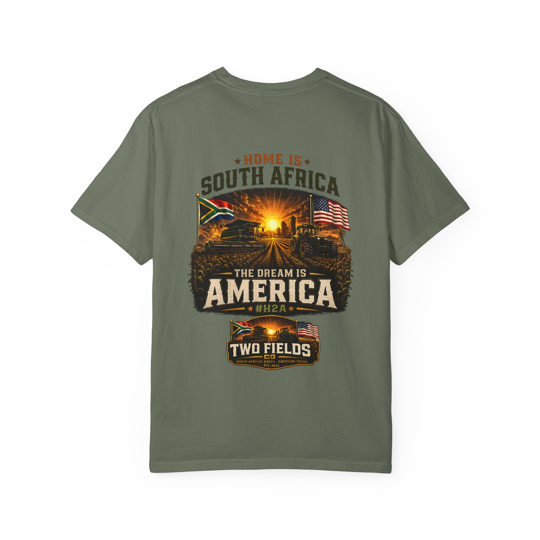 Olive T-shirt with South Africa and America graphic text and flag city scene