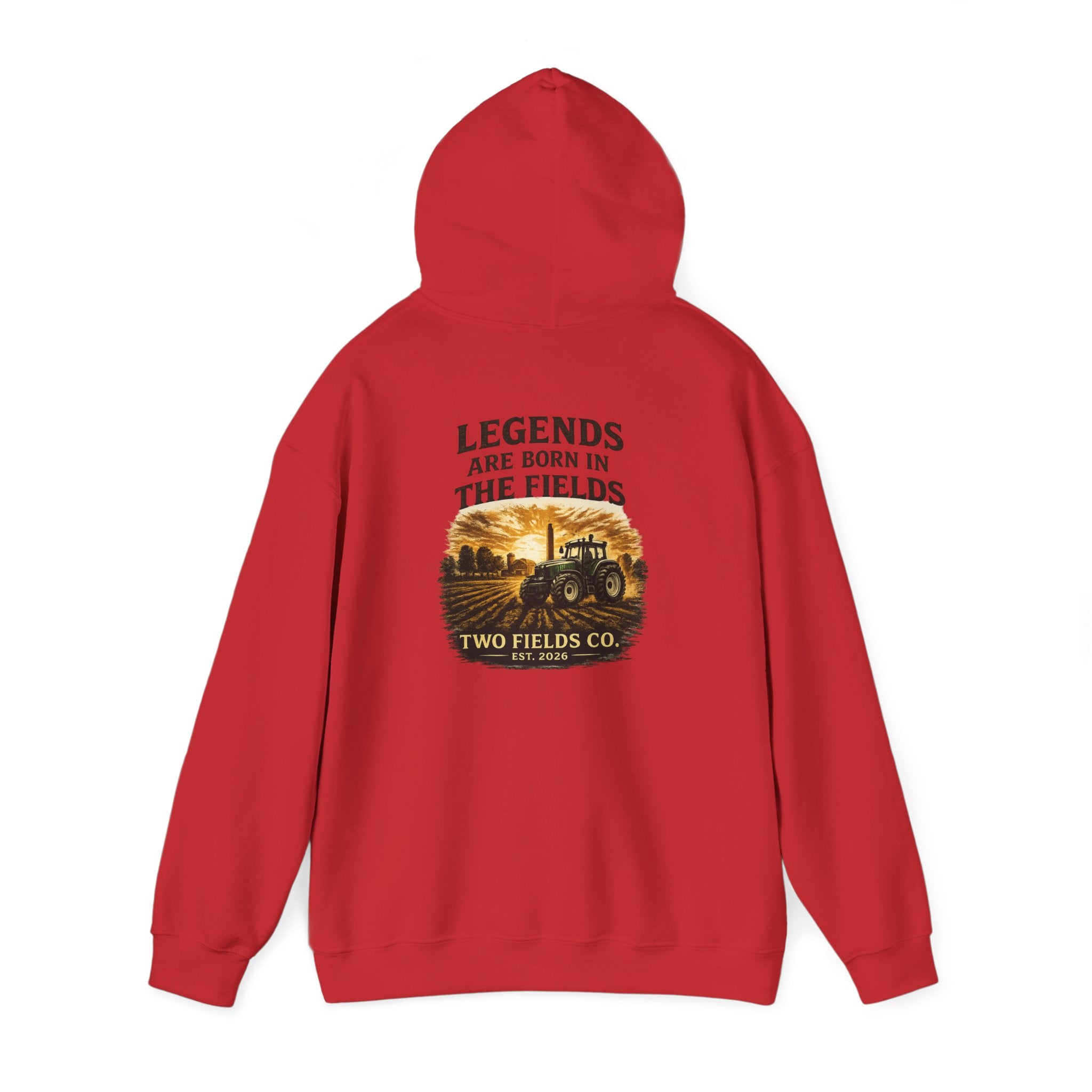 Red hooded pullover sweatshirt with large tractor graphic and slogan on back