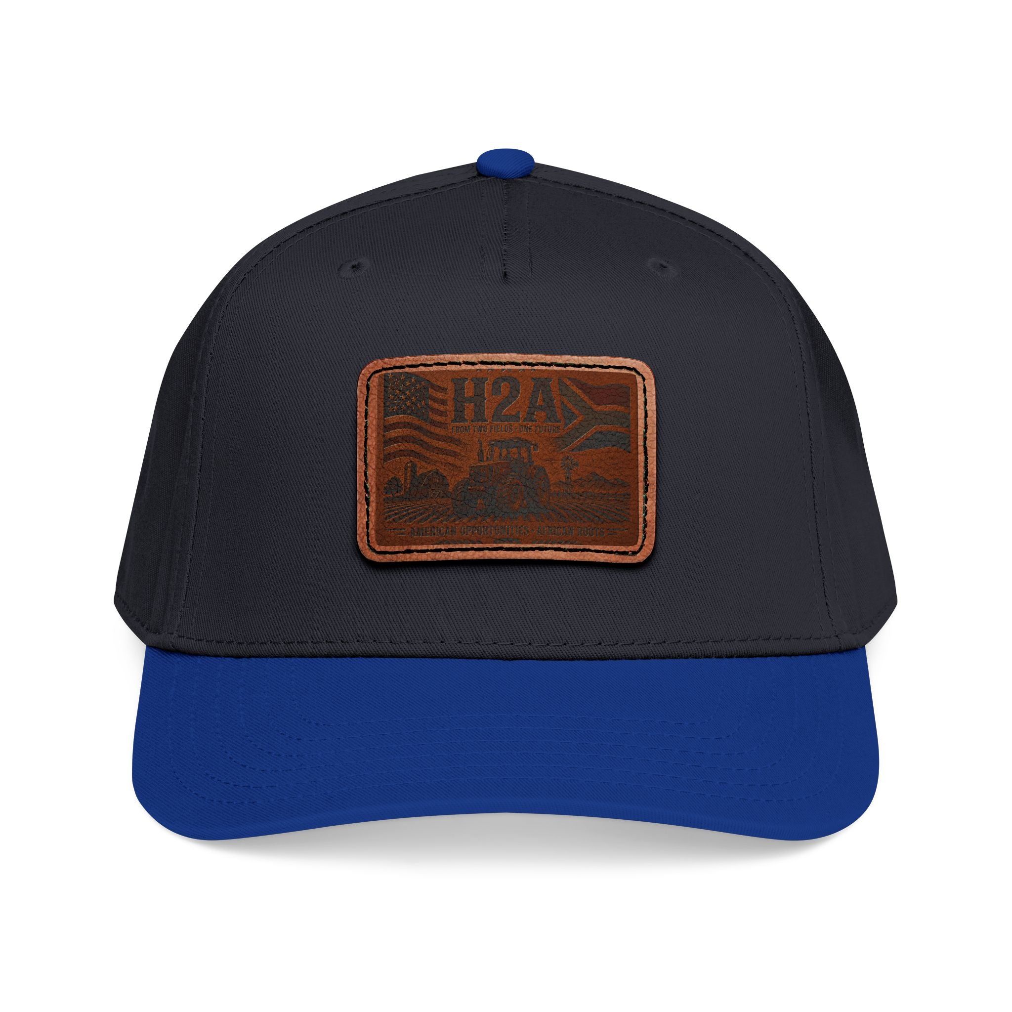Baseball cap with black crown, dark blue brim, and light brown rectangle leather logo patch.