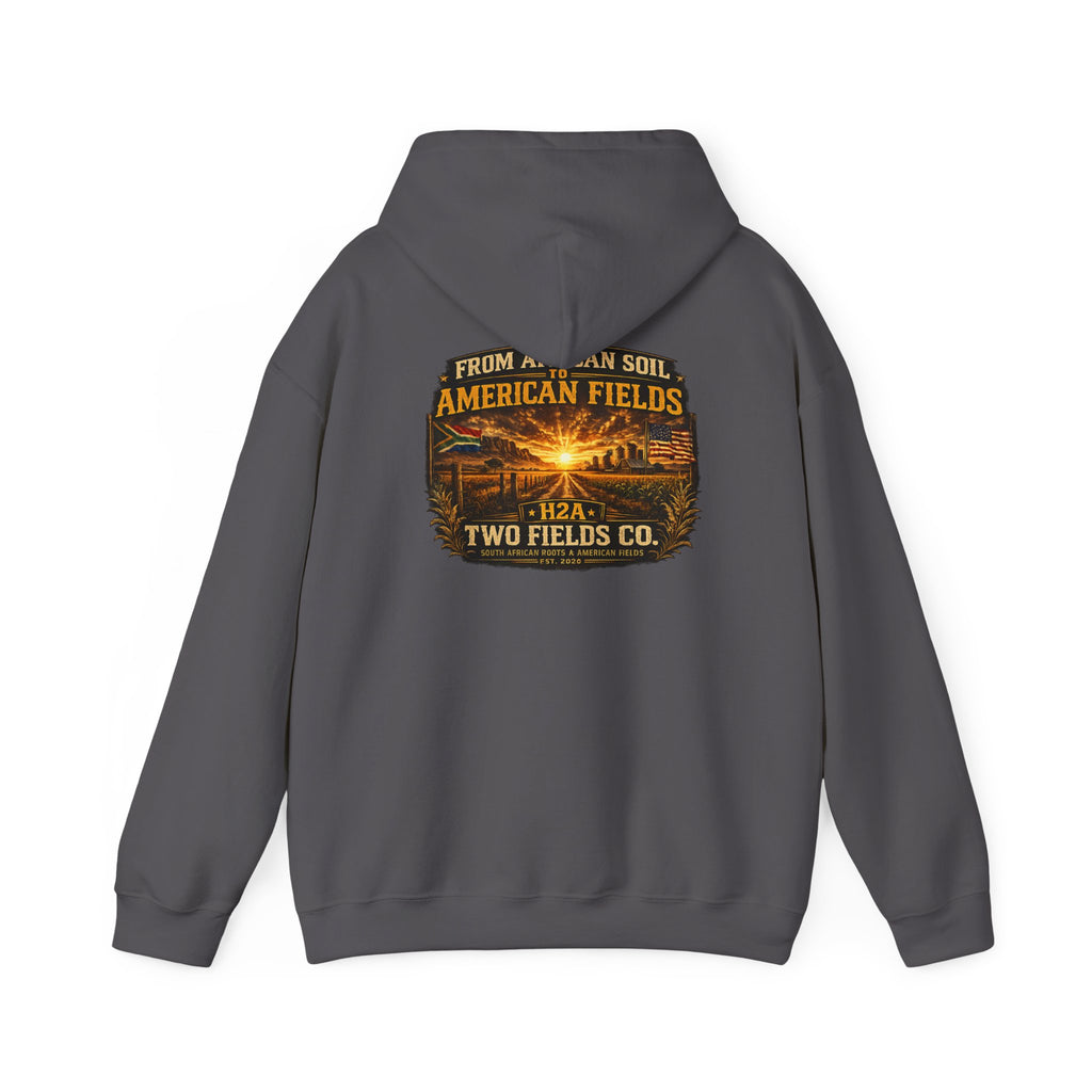 Charcoal pullover hoodie with vintage logo graphic on back