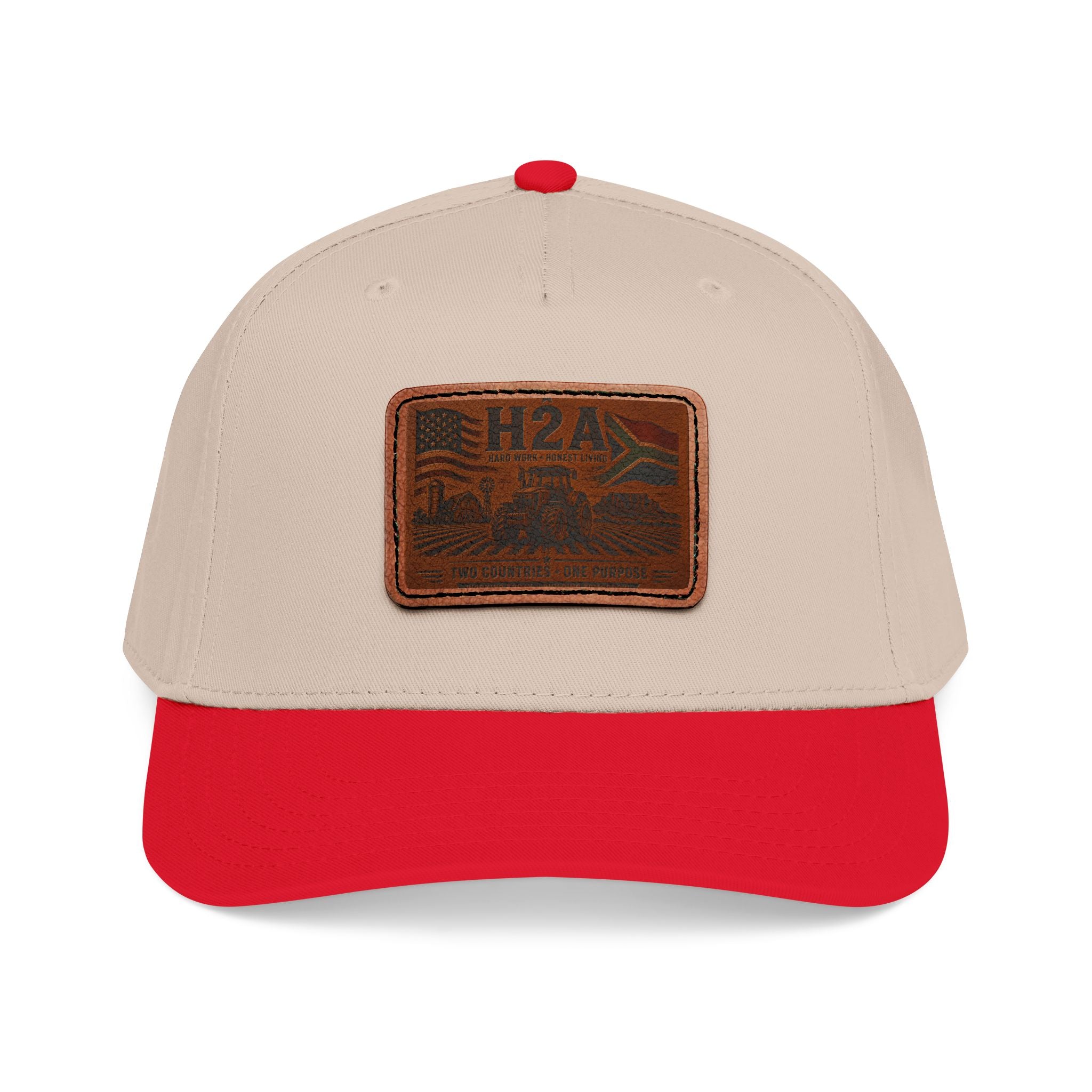 Beige baseball cap with red brim and rectangular H2A logo patch