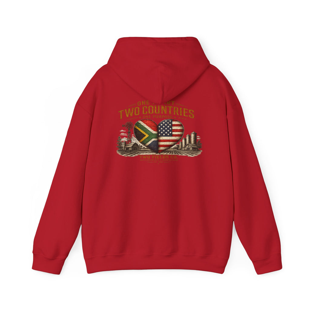 Red pullover hoodie with centered heart-and-flags graphic on the chest
