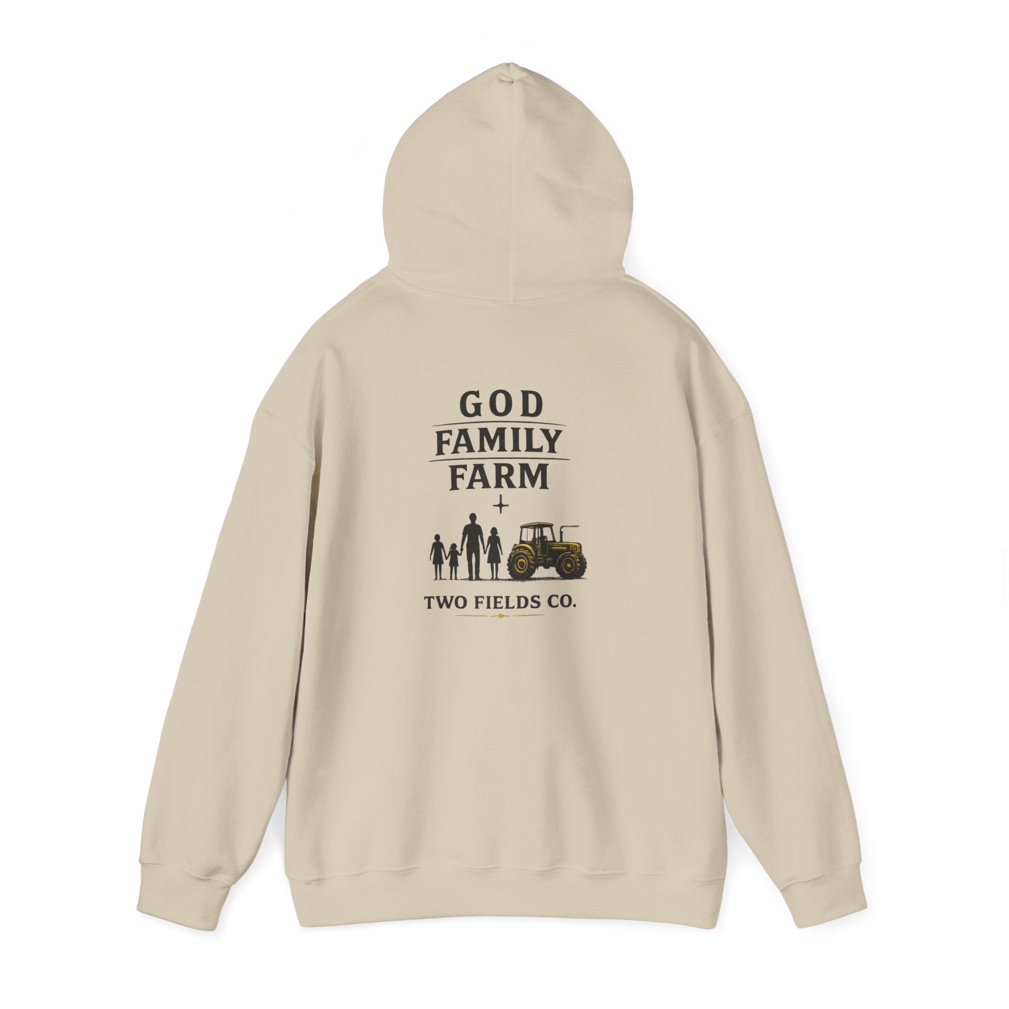 Sand-colored hoodie with back graphic text "GOD FAMILY FARM" and tractor scene