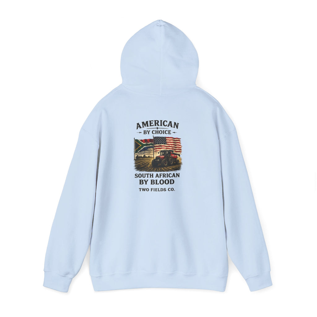 Light blue pullover hoodie back view with centered graphic and hood