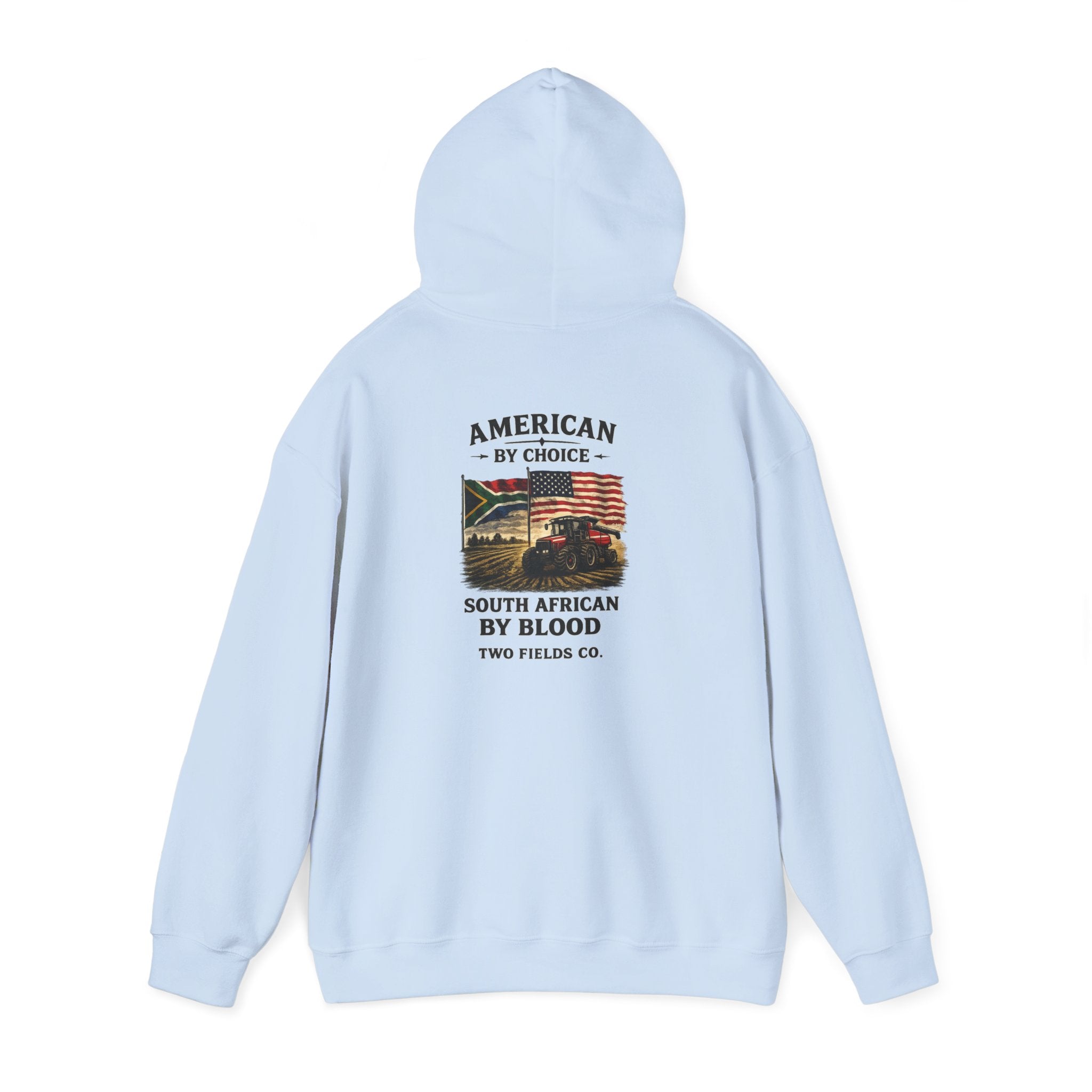 Light blue pullover hoodie back view with centered graphic and hood