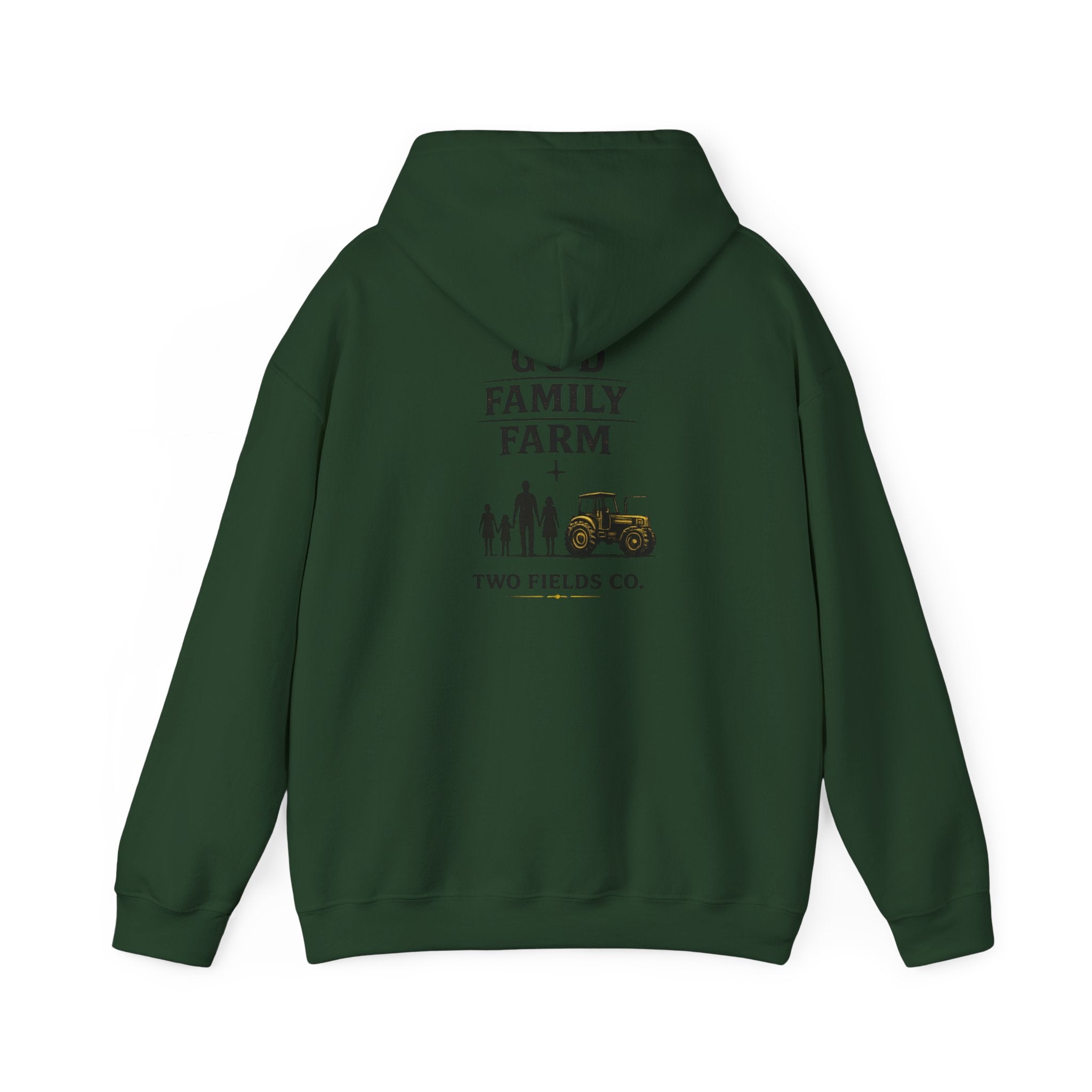 Dark green hoodie with back graphic "FAMILY FARM" and tractor scene