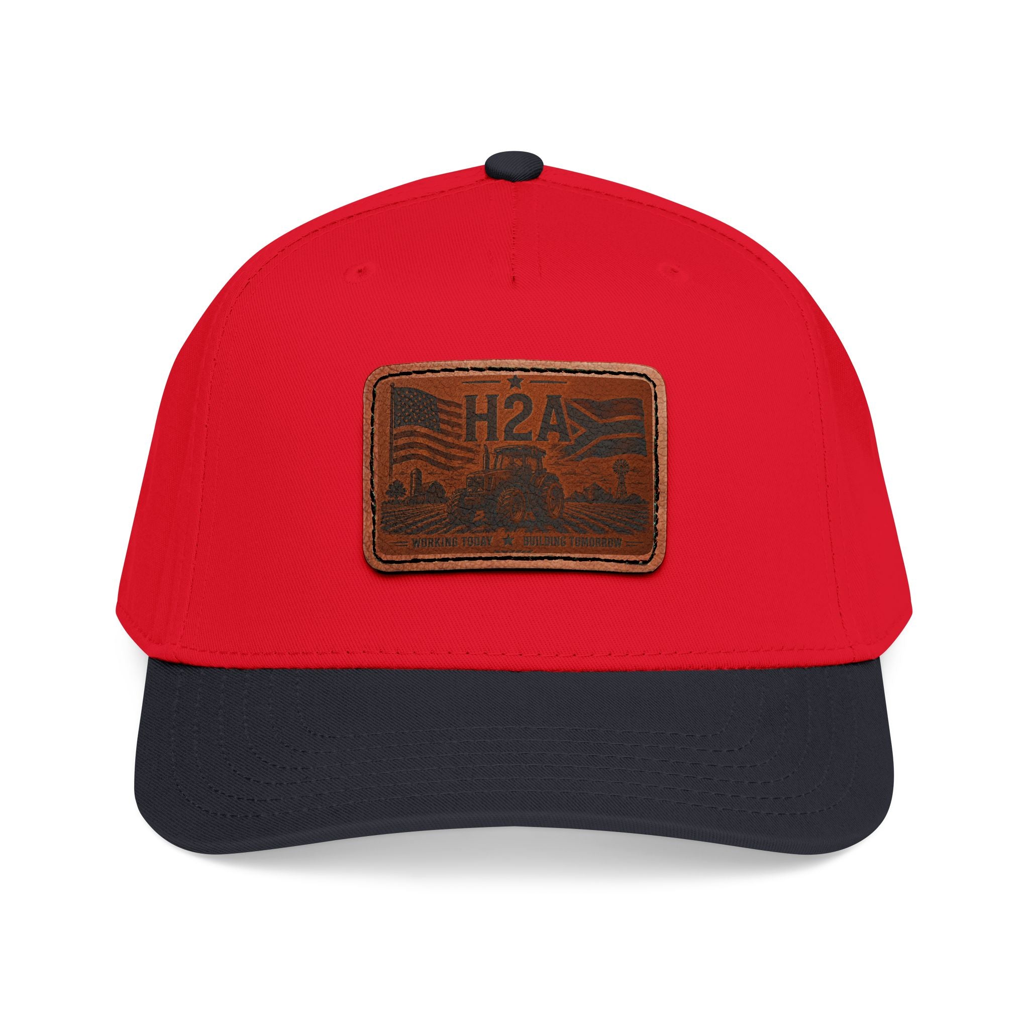 Red baseball cap with rectangular H2A patch on the front and dark underbrim
