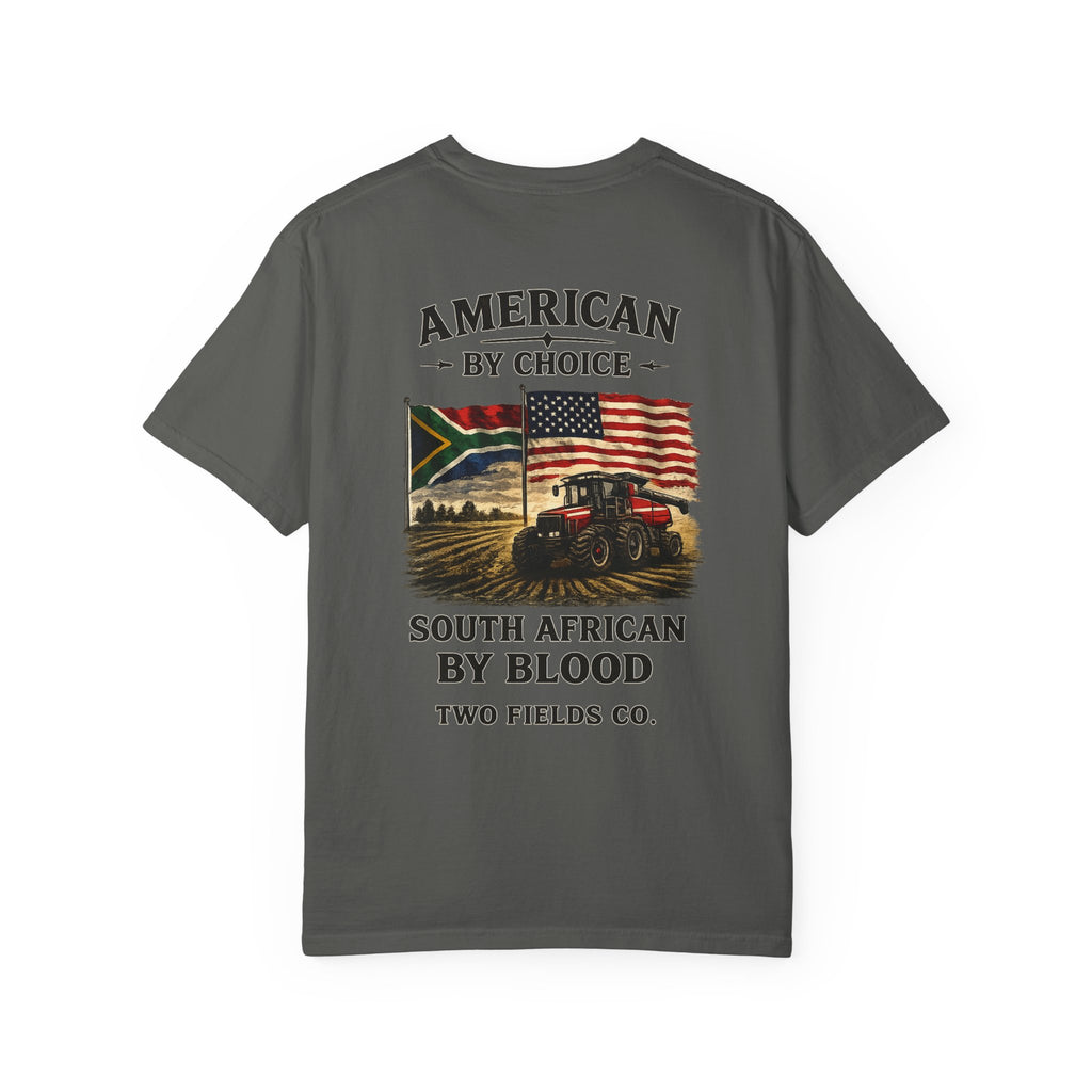 Dark gray T-shirt with large front graphic text and flags
