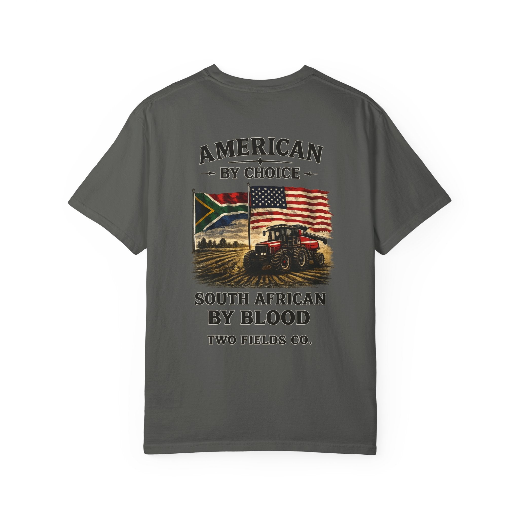 Dark gray T-shirt with large front graphic text and flags