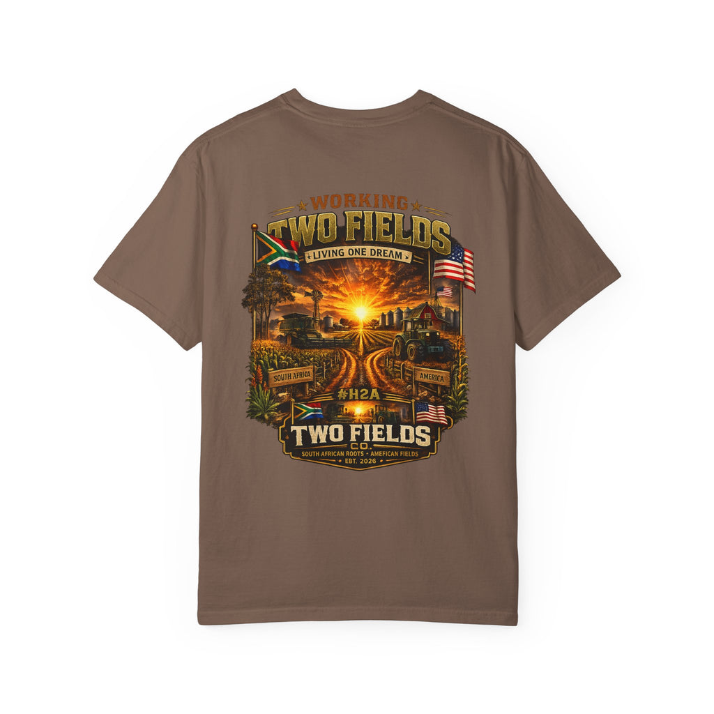 Espresso brown T-shirt with large Two Fields farm sunset graphic on front