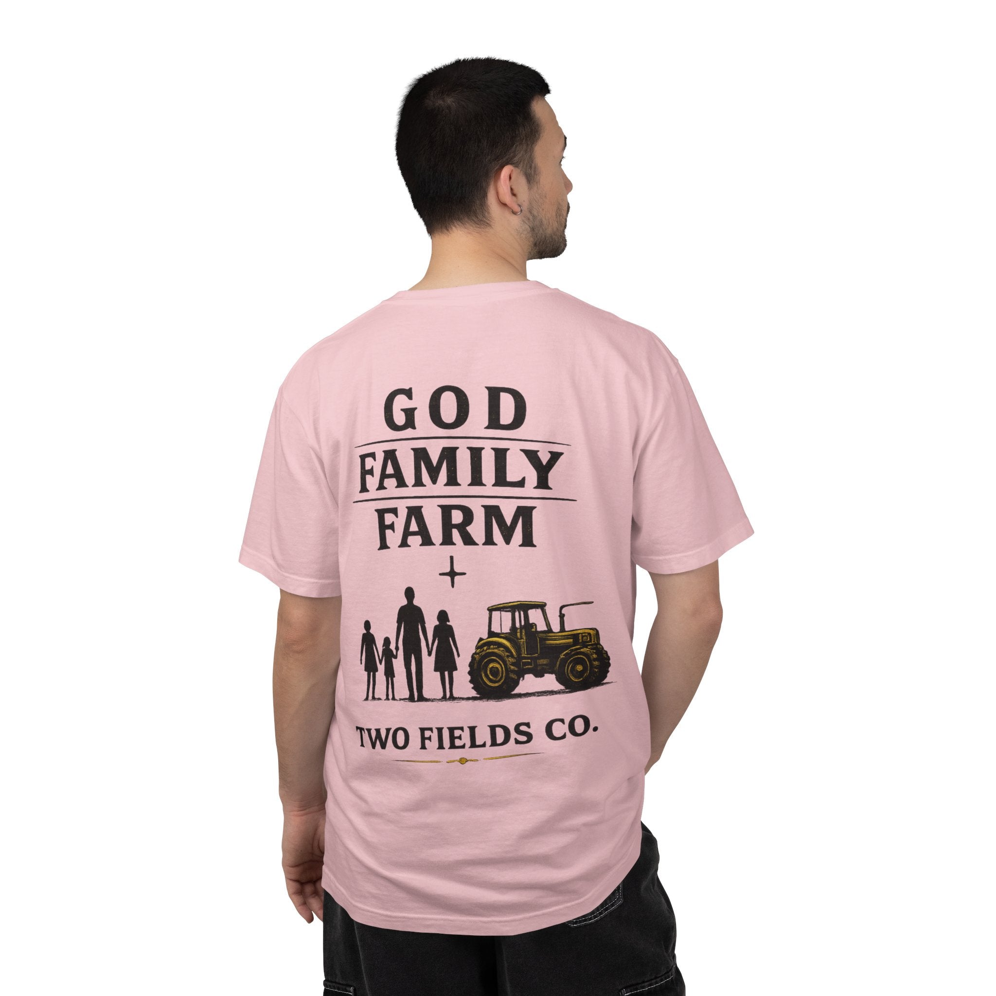 Men's pink crew-neck T-shirt back with 'God Family Farm' tractor family graphic