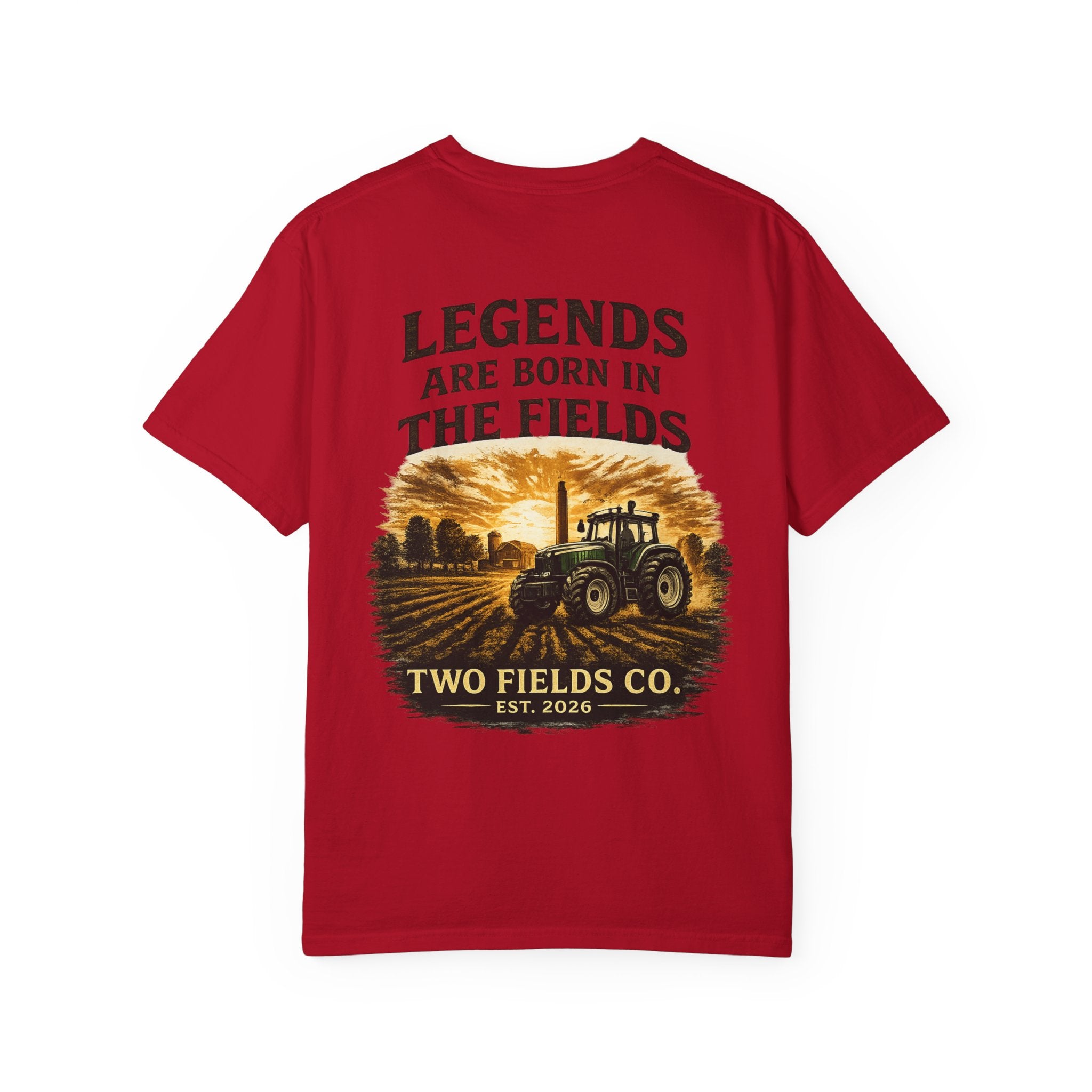 Red T-shirt with front graphic: tractor scene, “LEGENDS ARE BORN IN THE FIELDS” text.