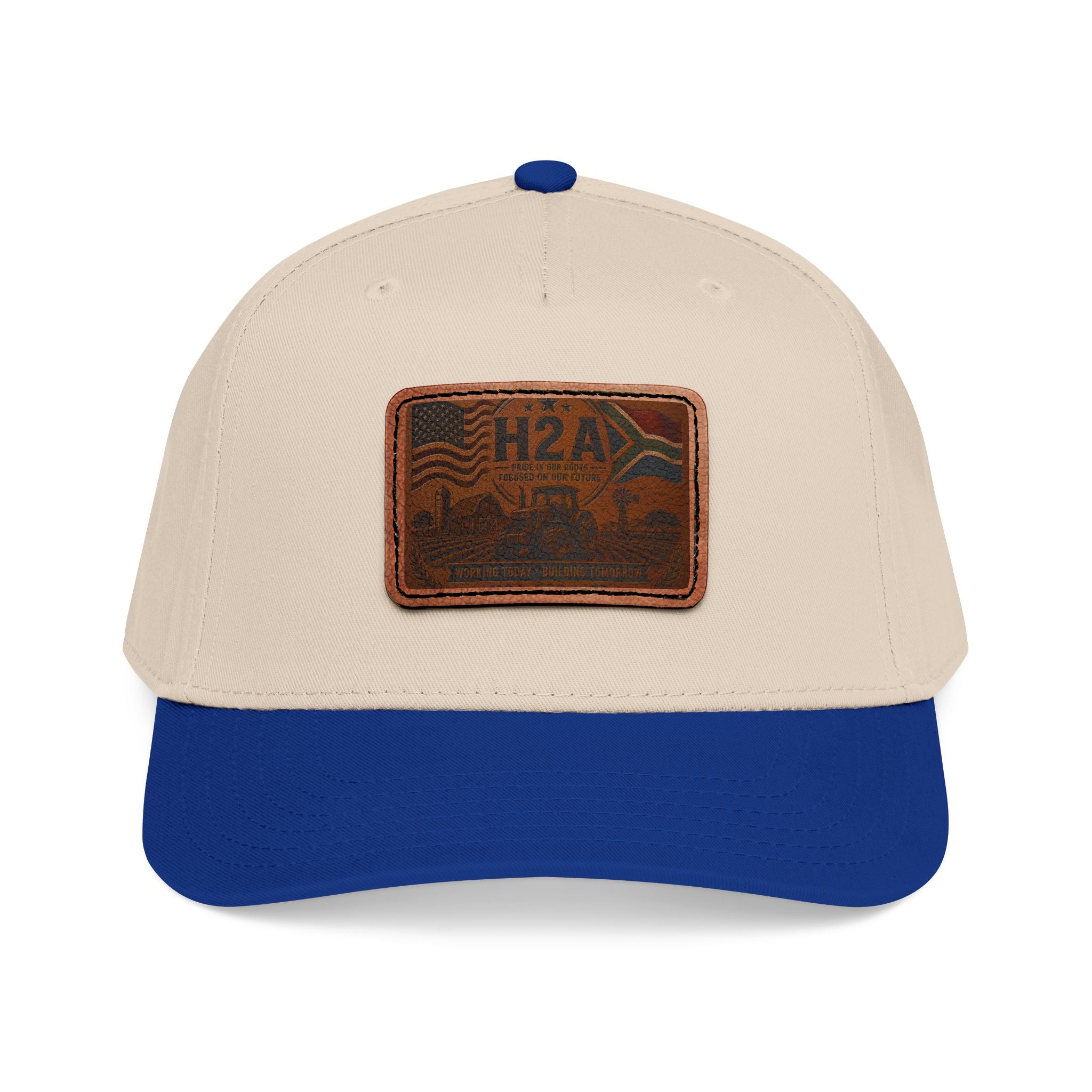 Two-tone baseball cap with H2A leather patch; tan crown and blue brim