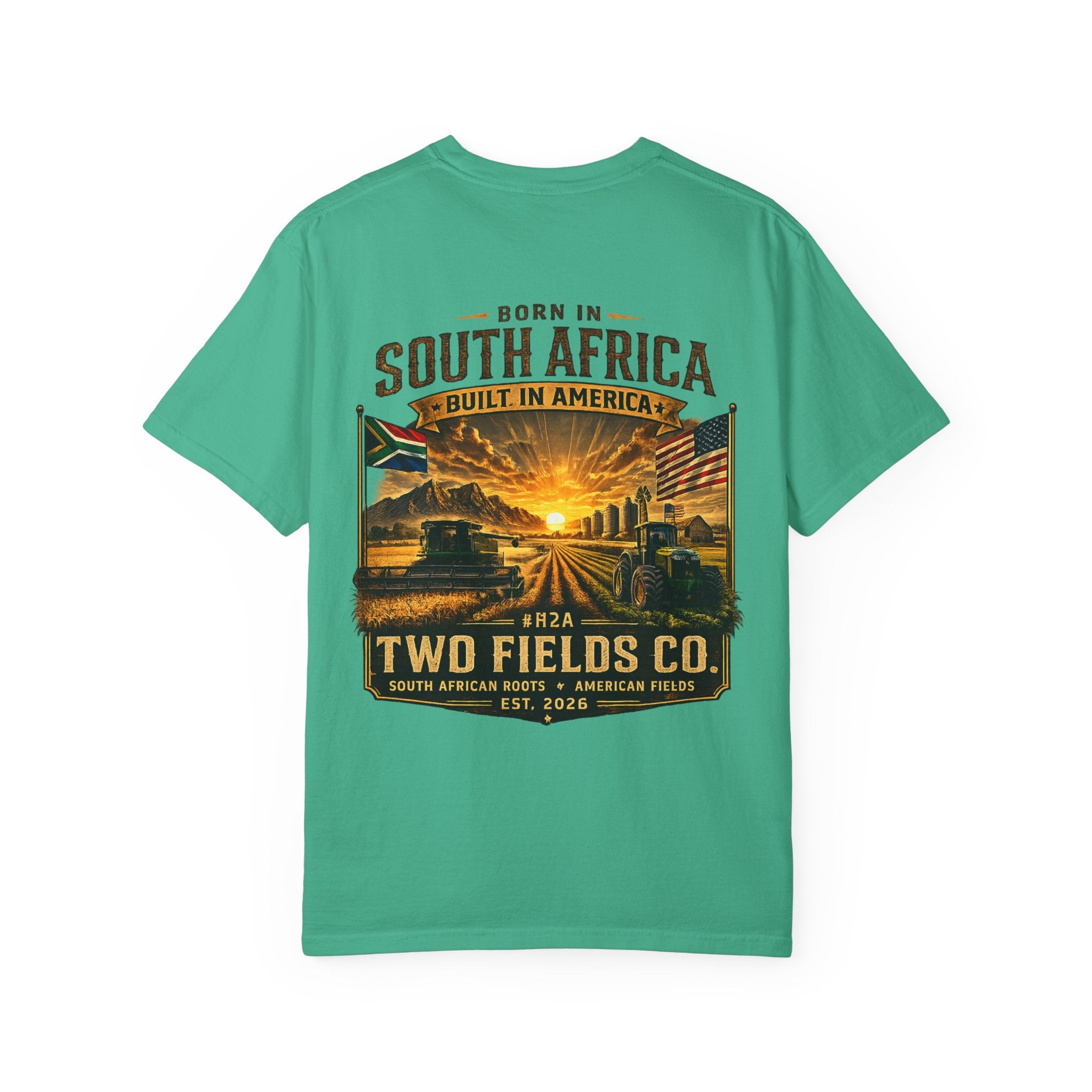 Teal crew-neck graphic t-shirt with large South Africa road scene front print.