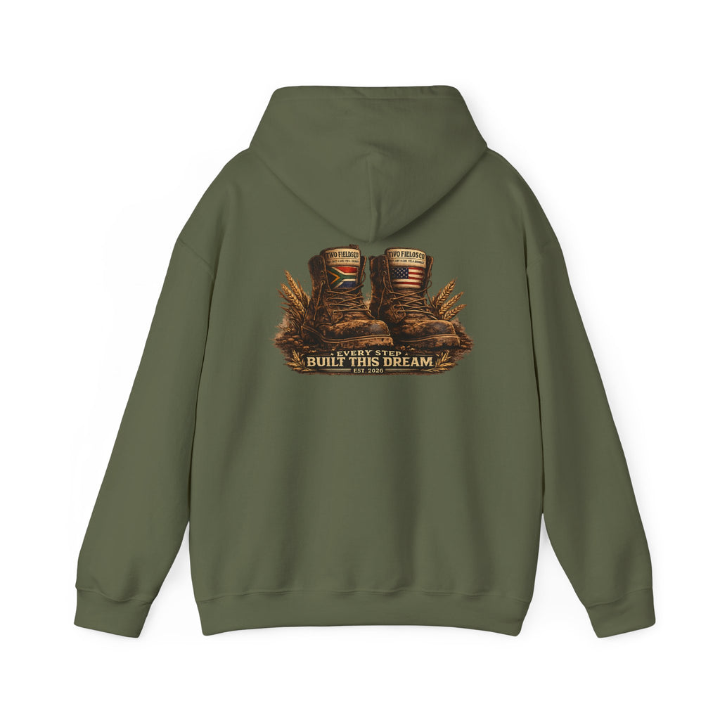 Olive green hoodie with hood, kangaroo pocket, and back western graphic "BUILD THIS DREAM"