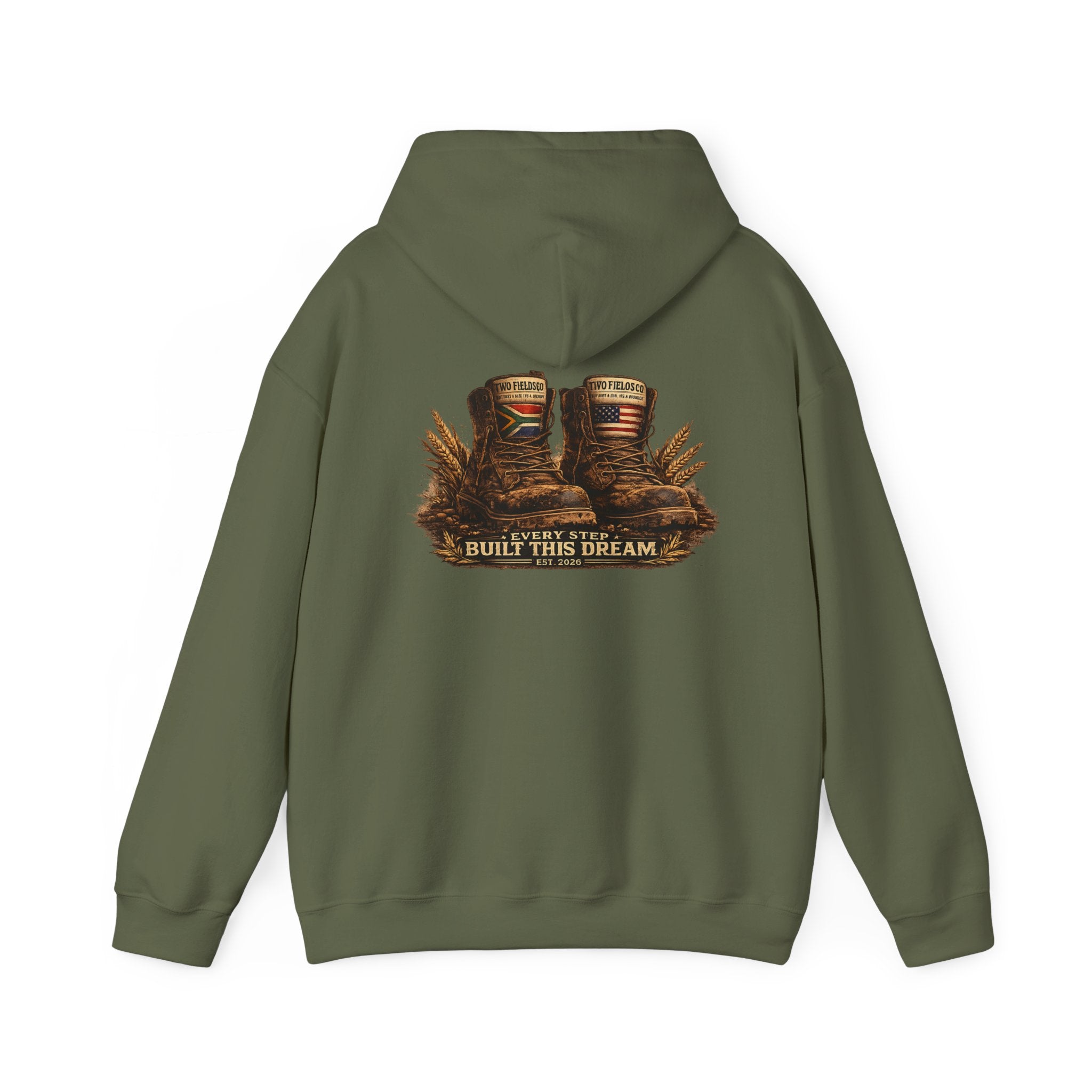 Olive green hoodie with hood, kangaroo pocket, and back western graphic "BUILD THIS DREAM"