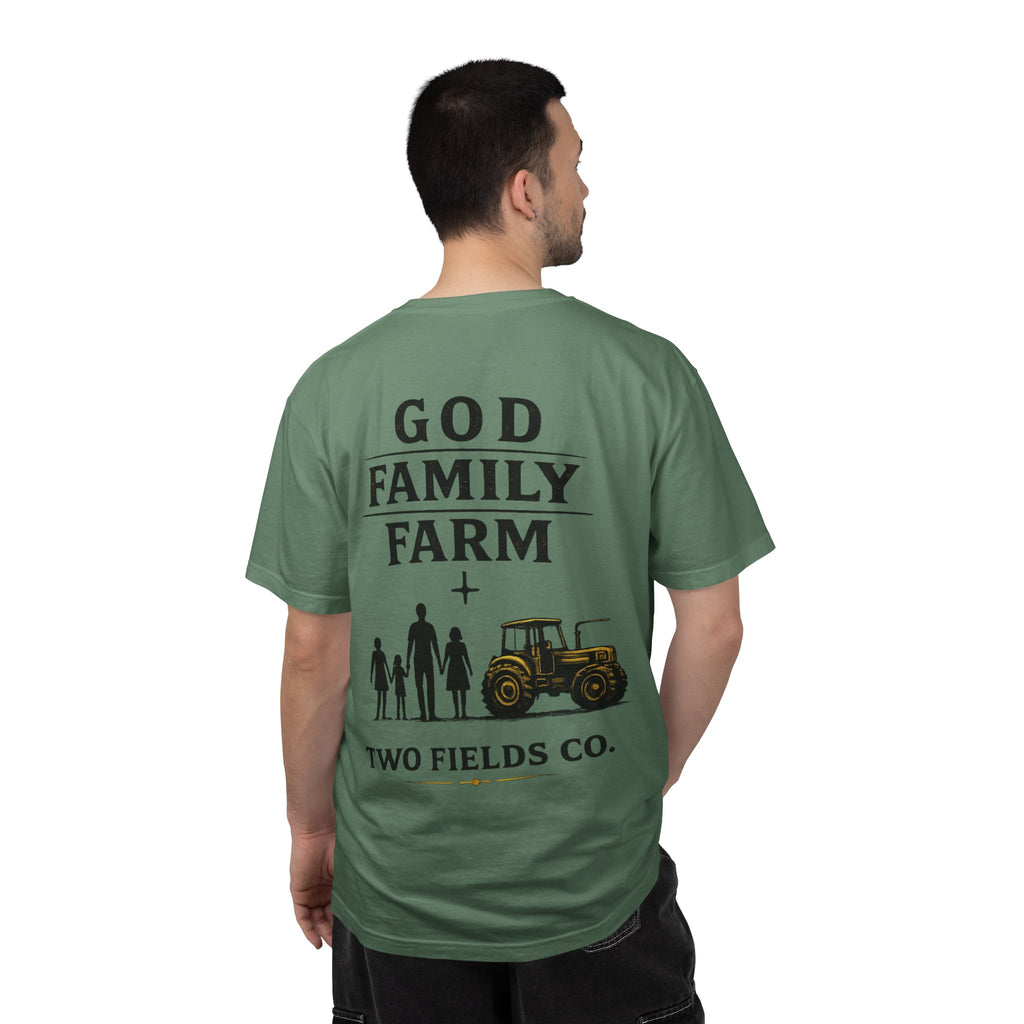 Green crewneck T-shirt back print: GOD FAMILY FARM with tractor and family icon