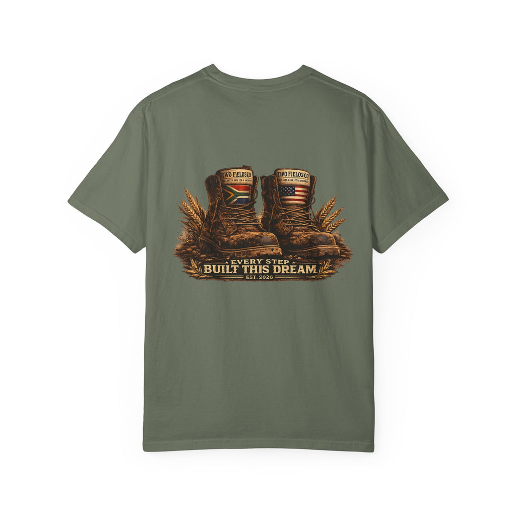 Olive green T-shirt front view with brown work boots graphic and gold lettering