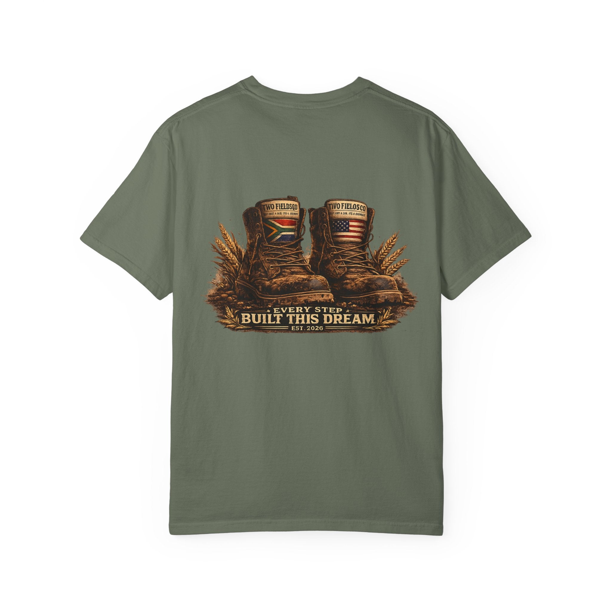 Olive green T-shirt front view with brown work boots graphic and gold lettering