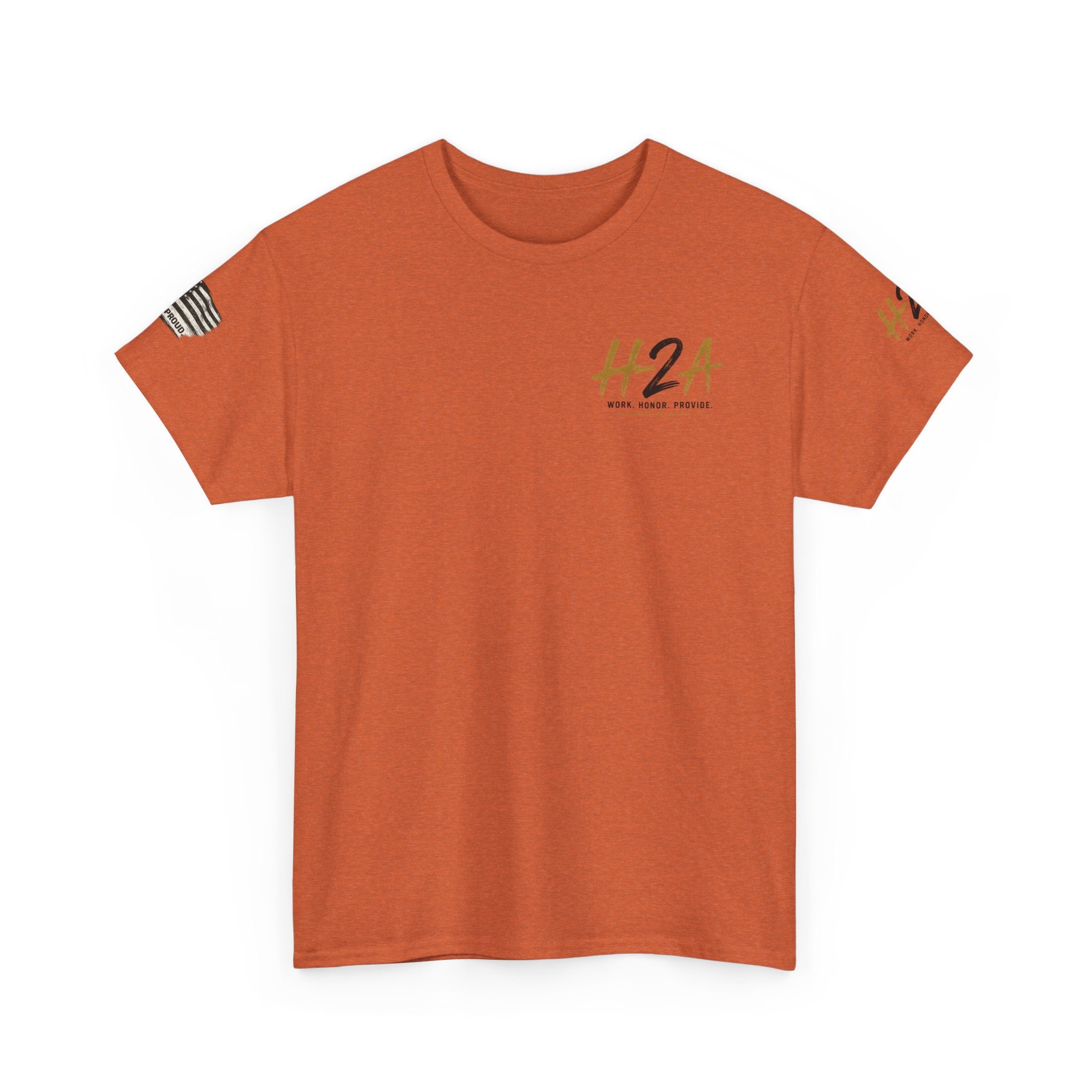 Orange farming T-shirt with small H2A logo on chest