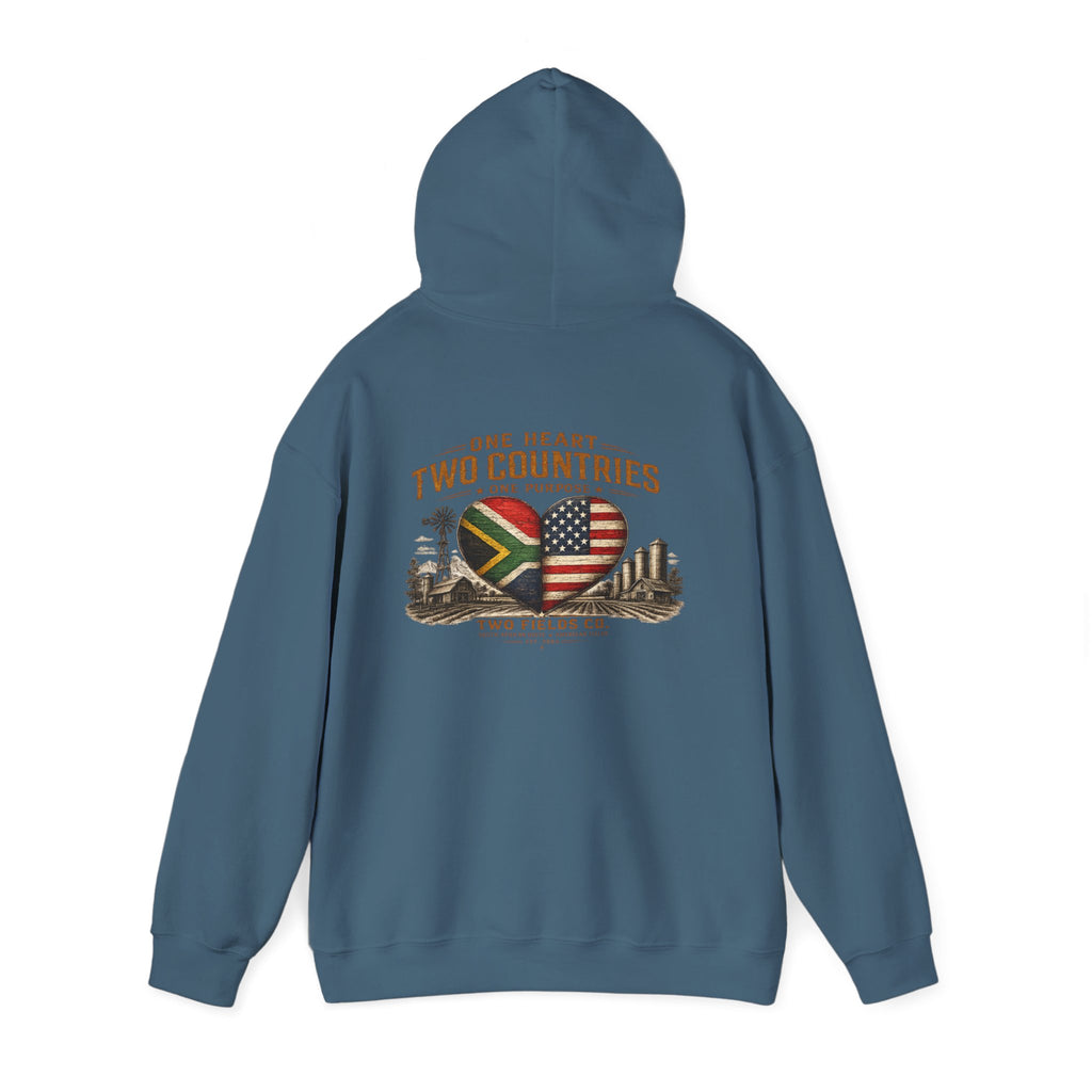 Caribbean blue pullover hoodie with hood and heart-and-flag graphic on back