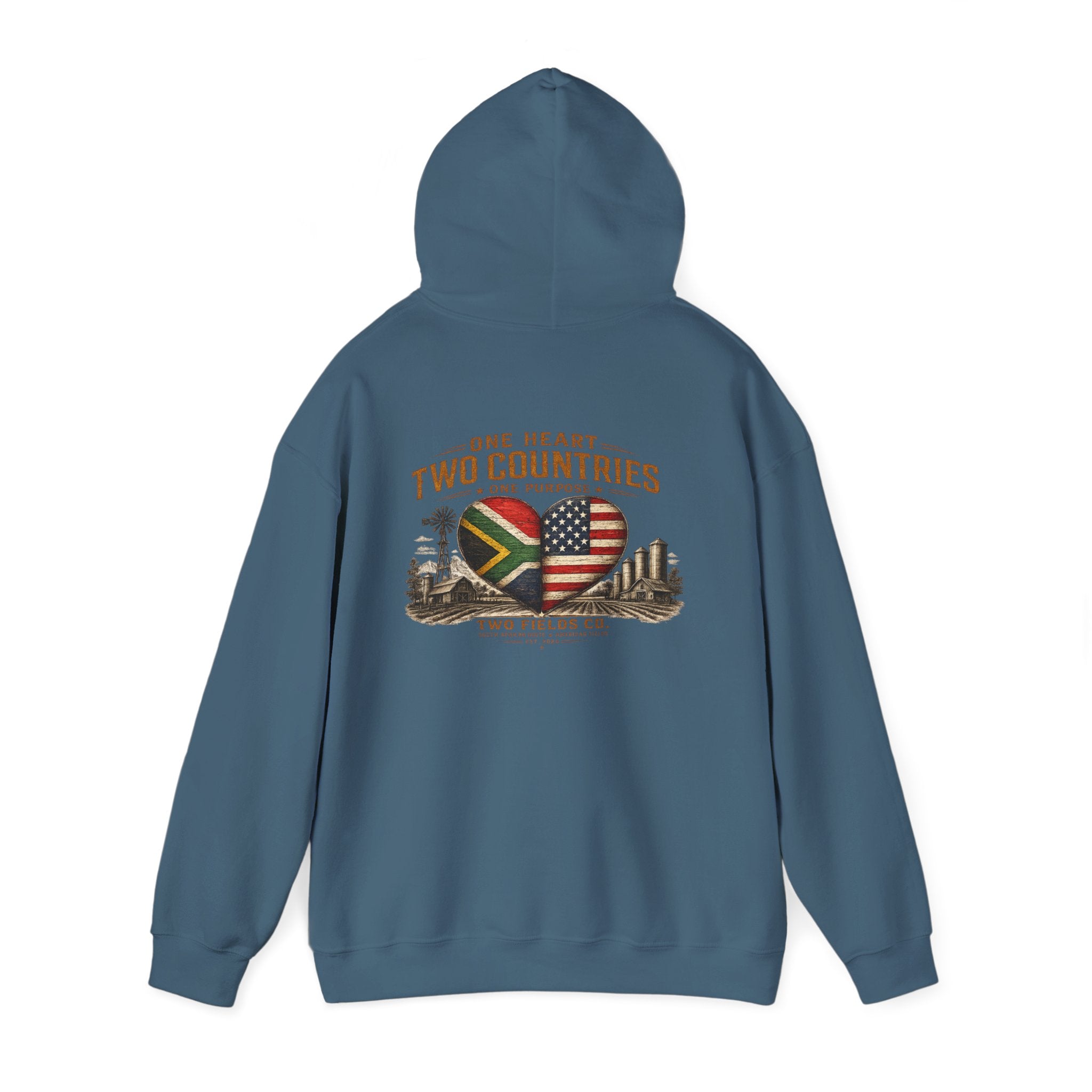 Caribbean blue pullover hoodie with hood and heart-and-flag graphic on back