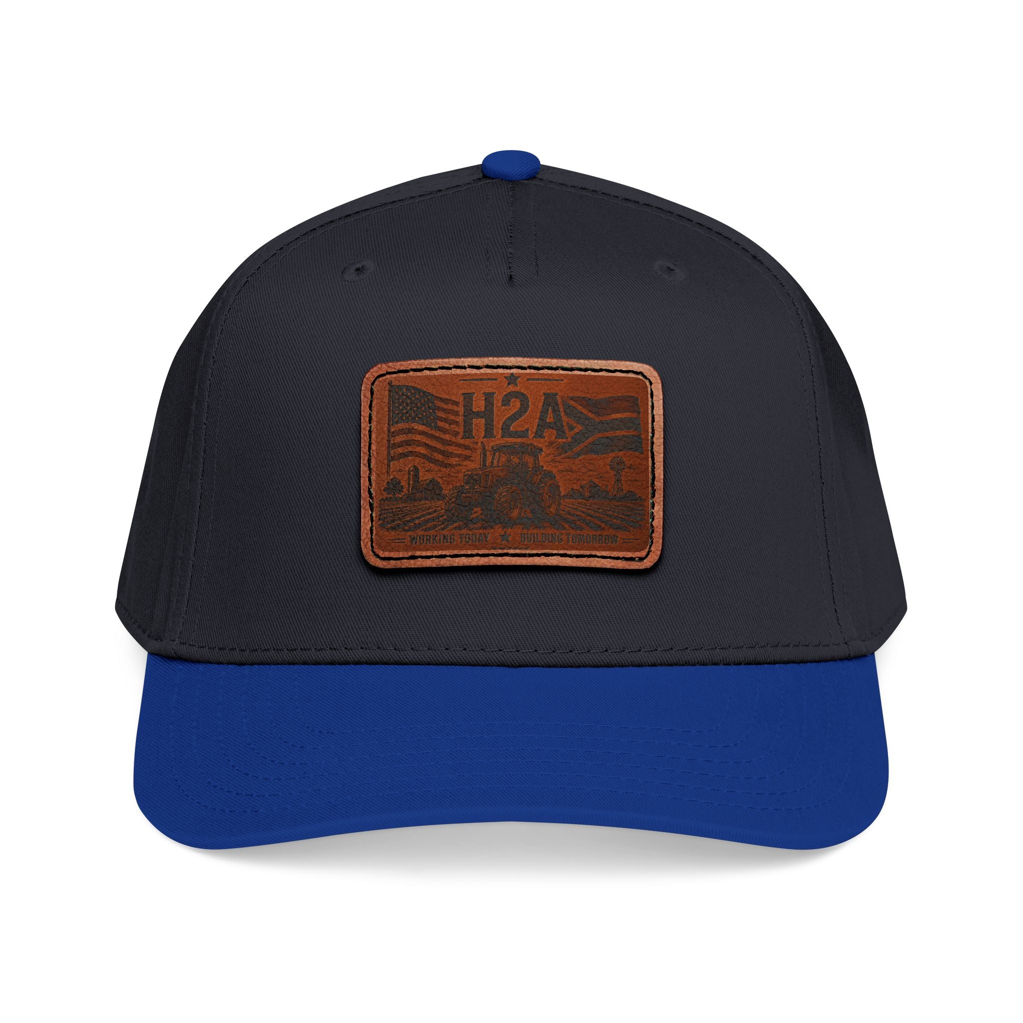 Black and navy baseball cap with rectangular H2A leather patch on front