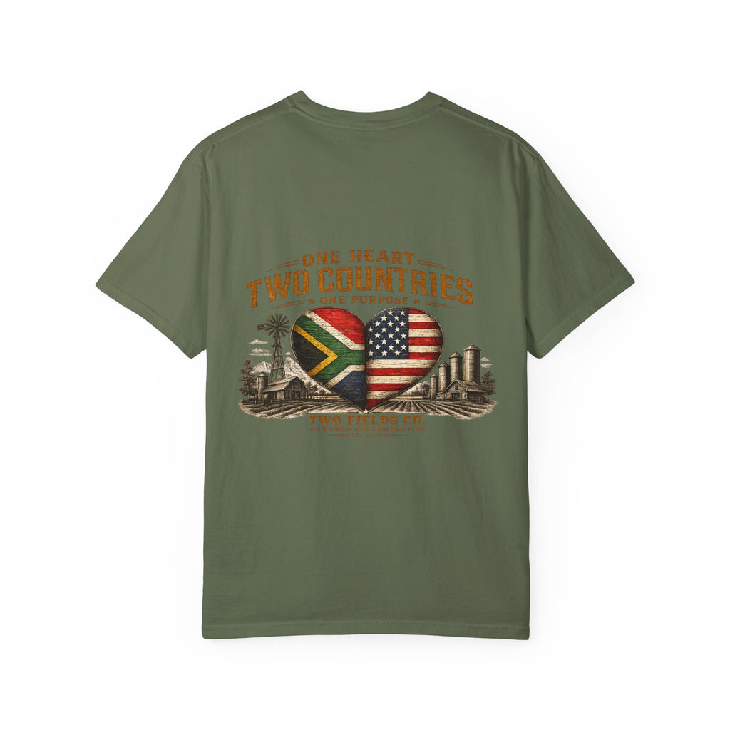 Olive green T-shirt with heart flag graphic and front text print