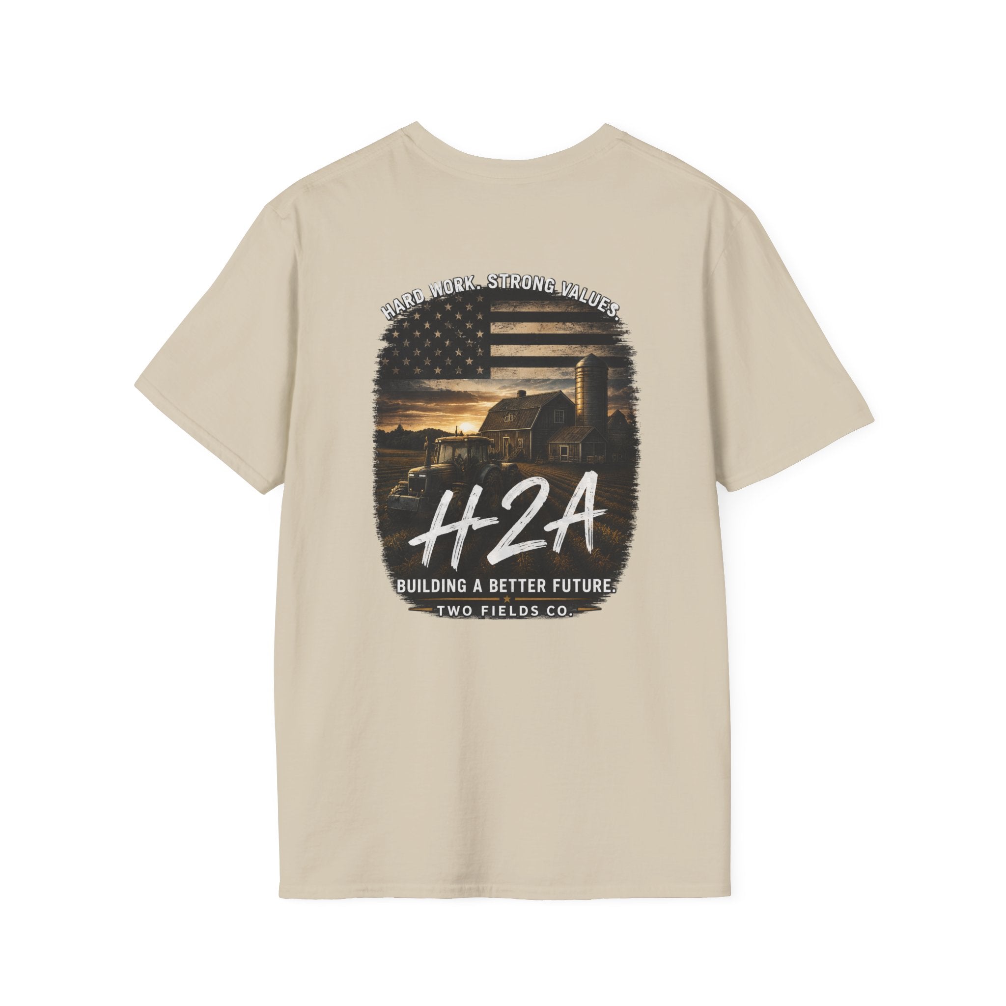 Softstyle T-shirt in natural beige, back H2A graphic with landscape print