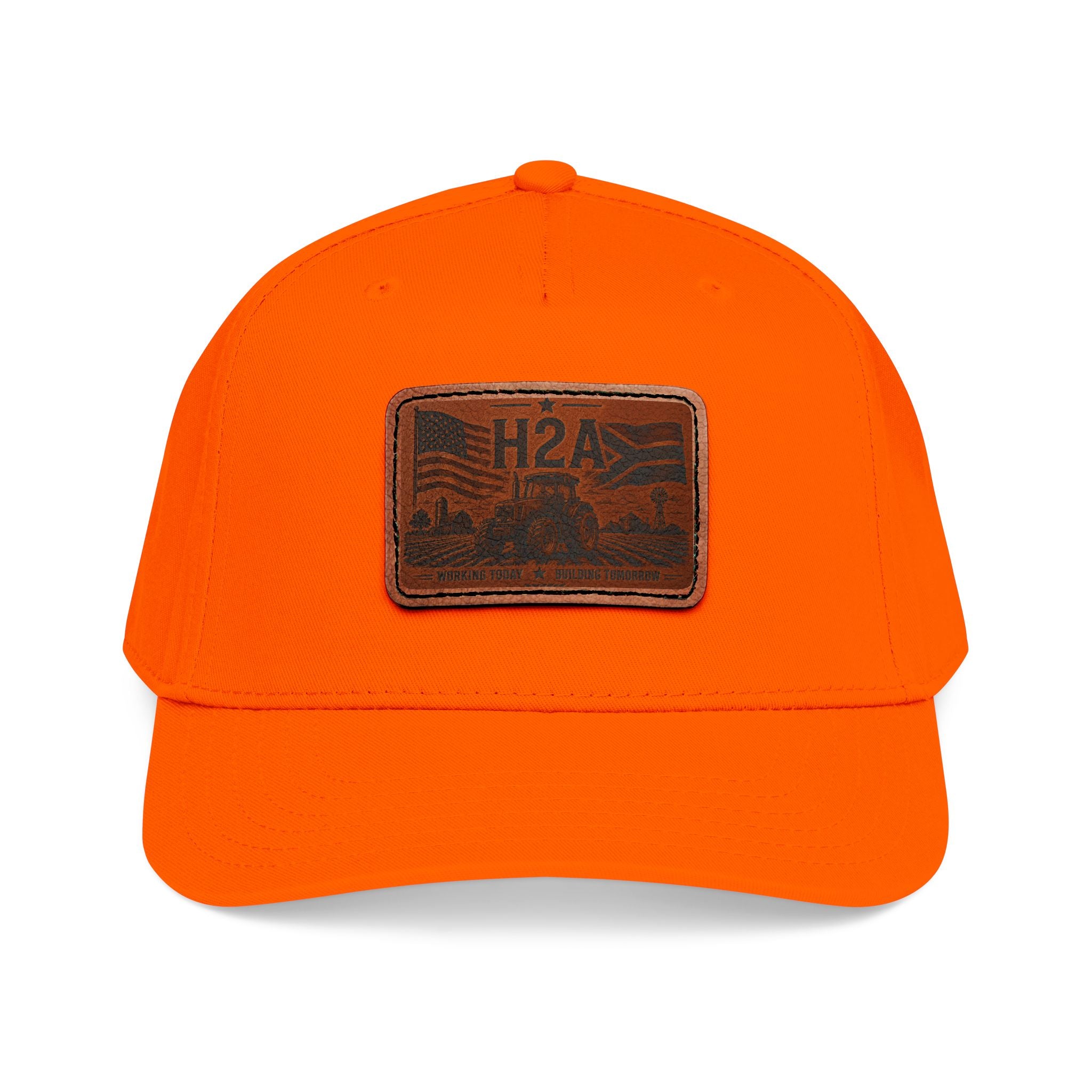 Leather patch baseball cap, bright orange crown and brim with rectangle H2A patch