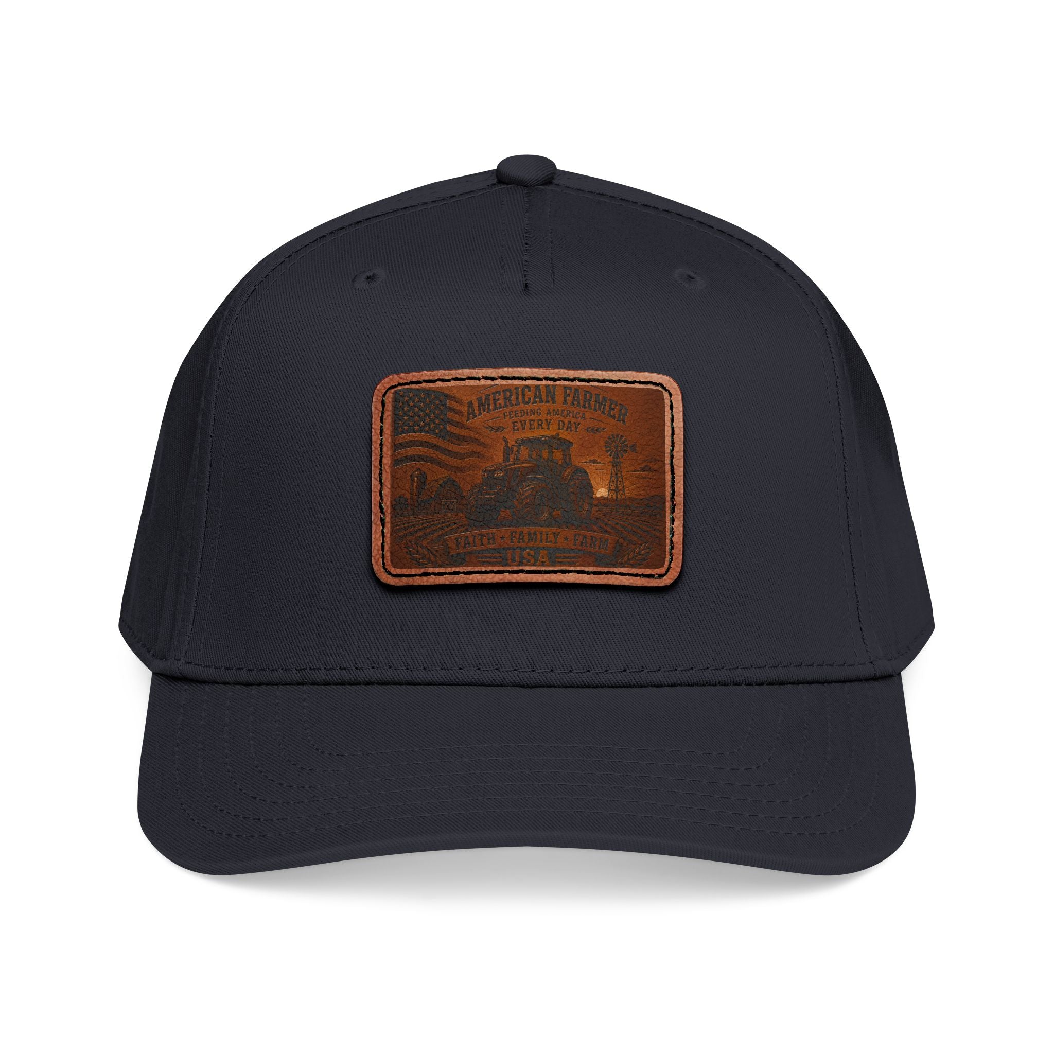 Leather patch baseball cap with dark navy crown and brim, featuring a stitched leather badge.
