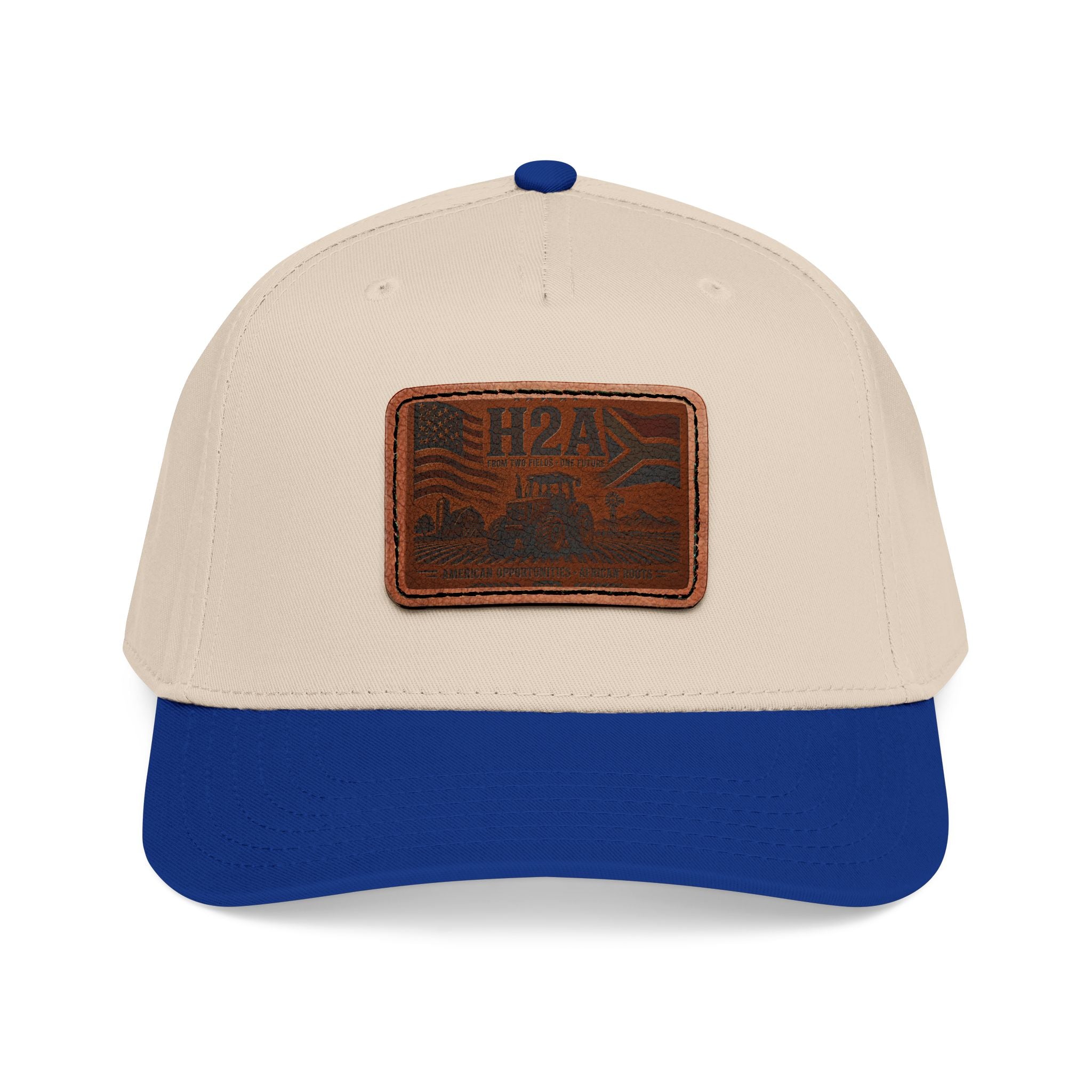 Beige and navy baseball cap with rectangular H2A vintage logo patch