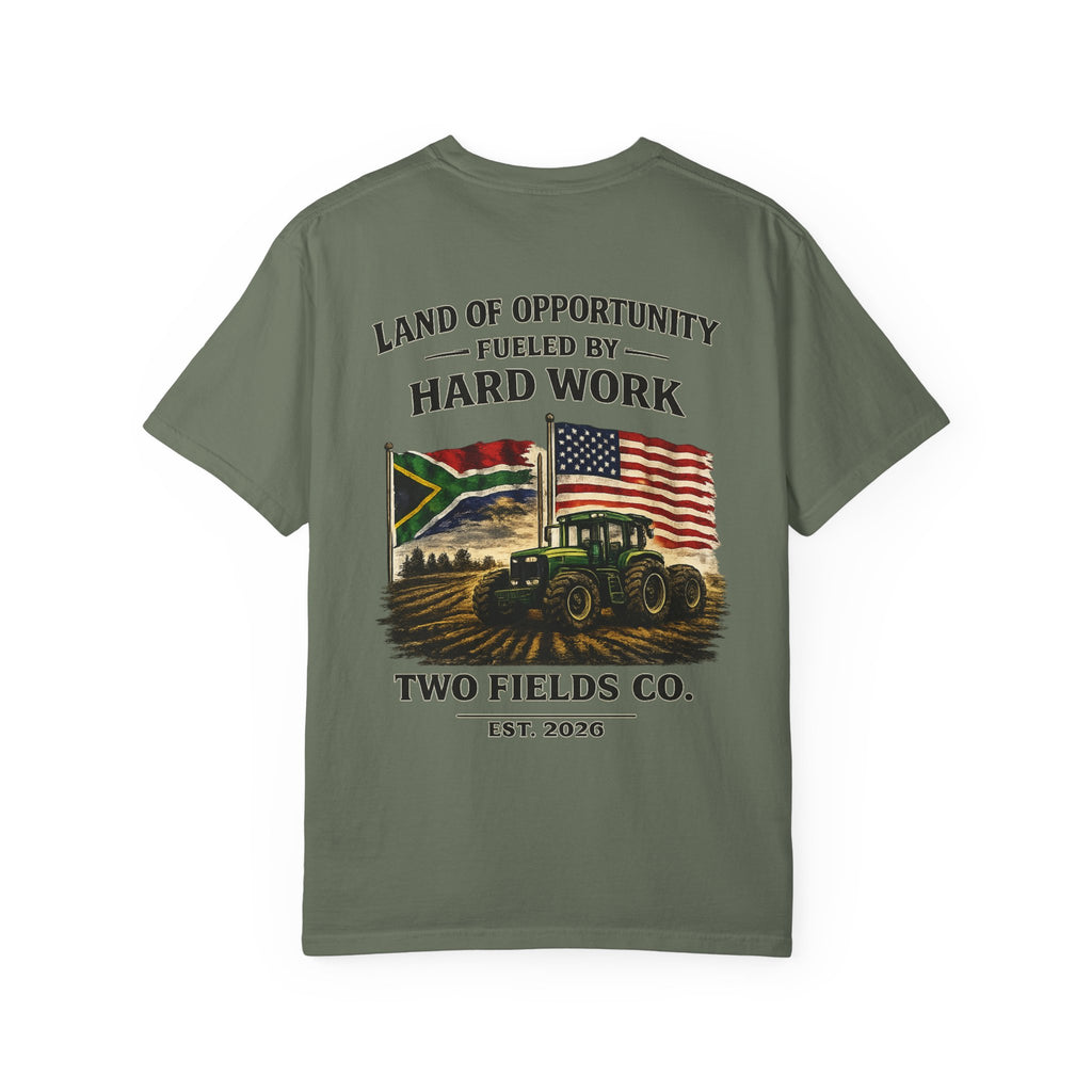 Green T-shirt with “Land of Opportunity Fueled by Hard Work” tractor graphic