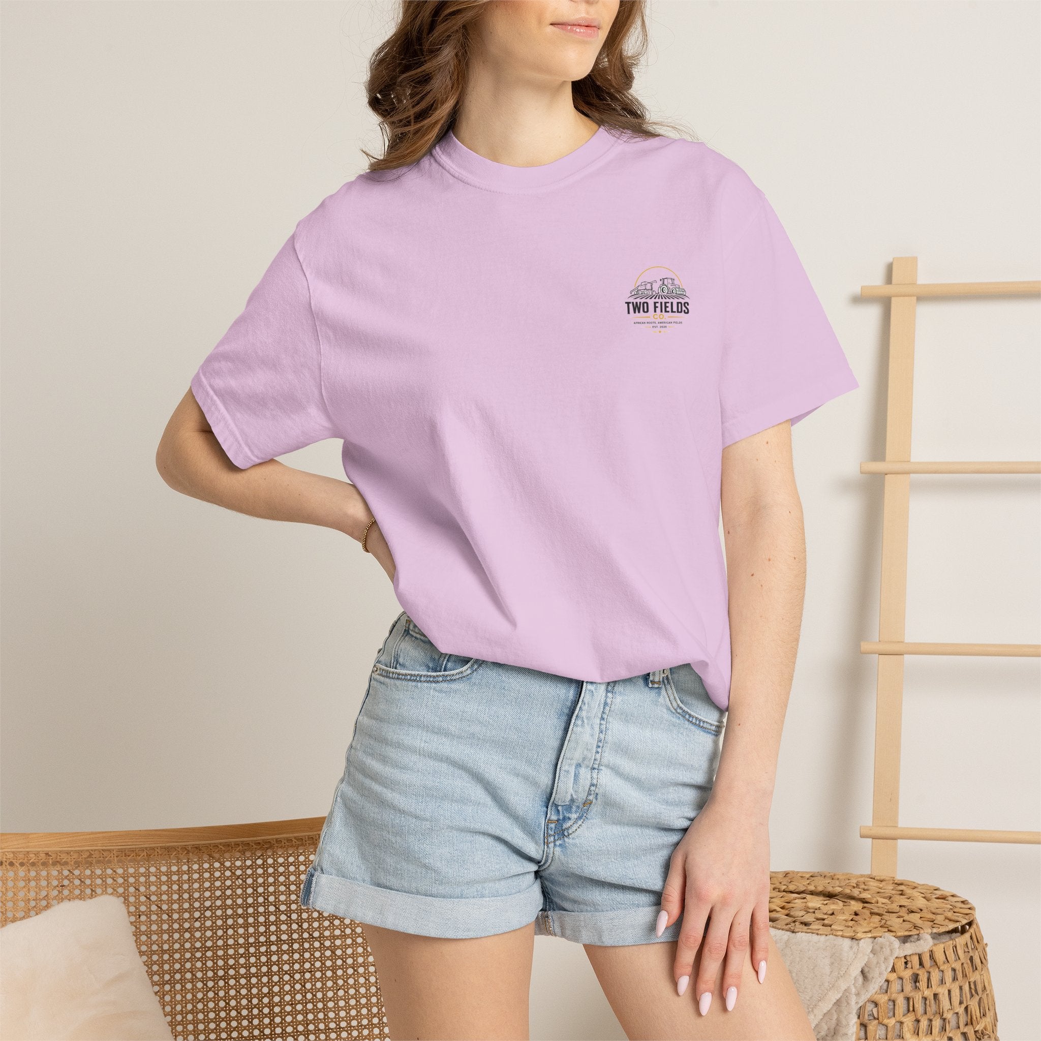 Lavender T-shirt with small Two Fields logo on the left chest