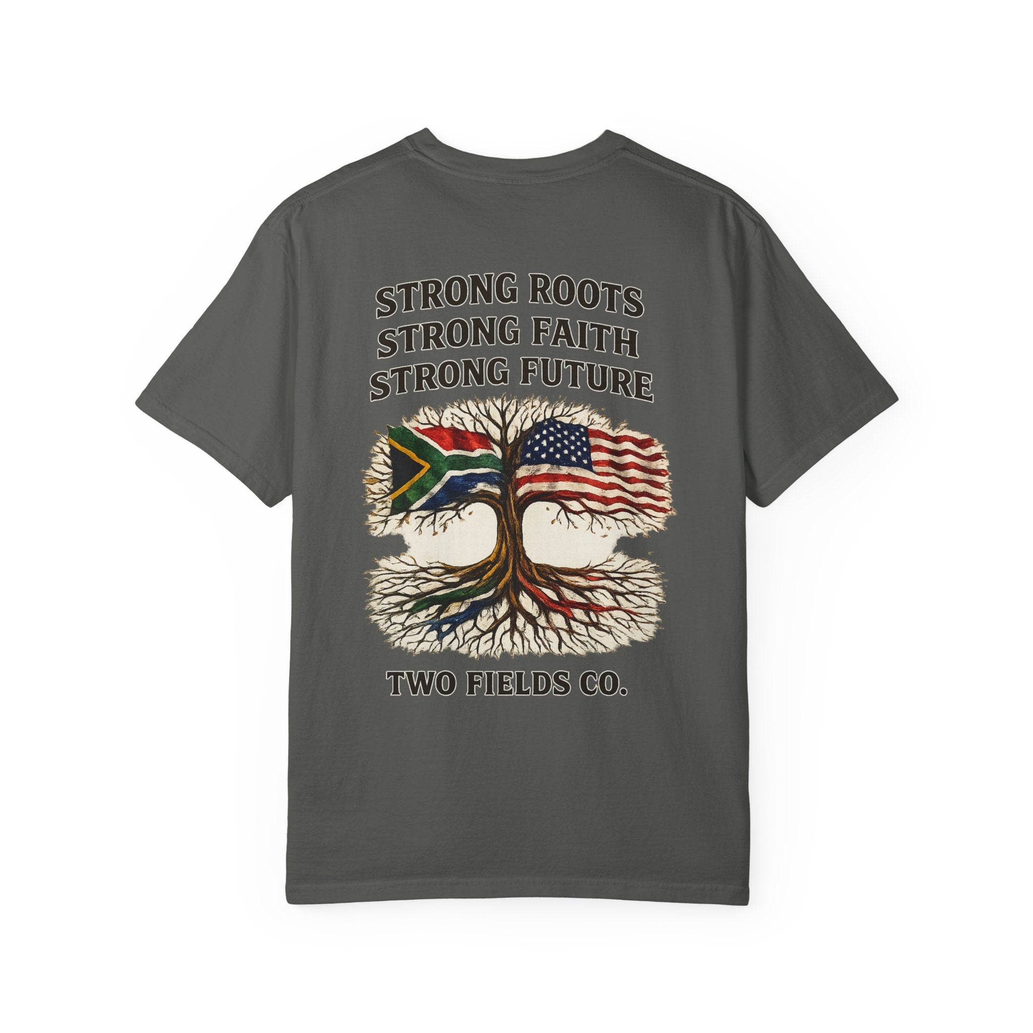 Dark gray t-shirt front graphic: tree with flags and “STRONG ROOTS” text