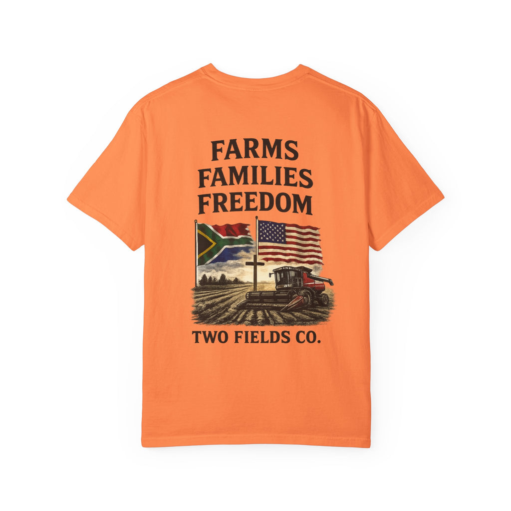 Orange short-sleeve farm tractor graphic t-shirt with “FARMS FAMILIES FREEDOM” text