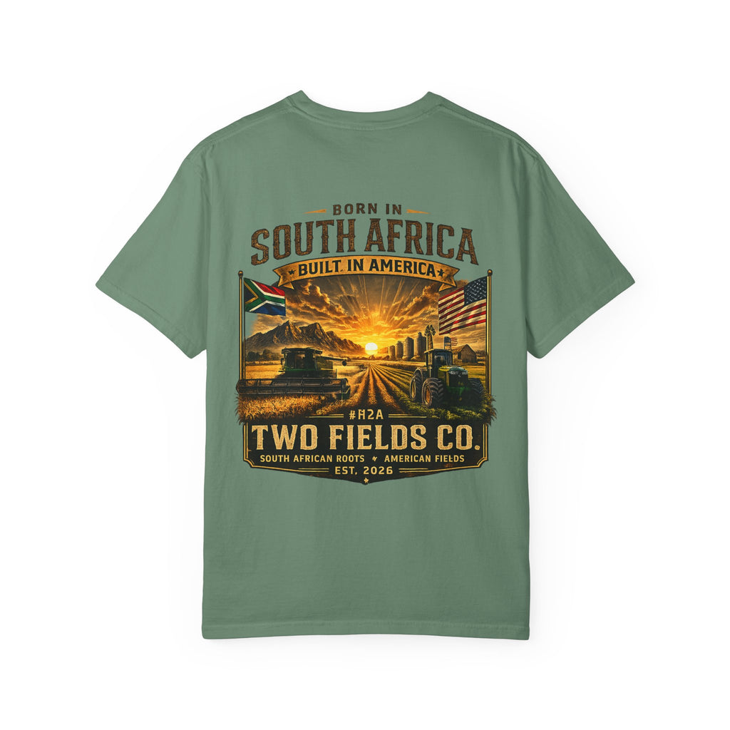 Green crew-neck graphic t-shirt with large South Africa road scene front print.