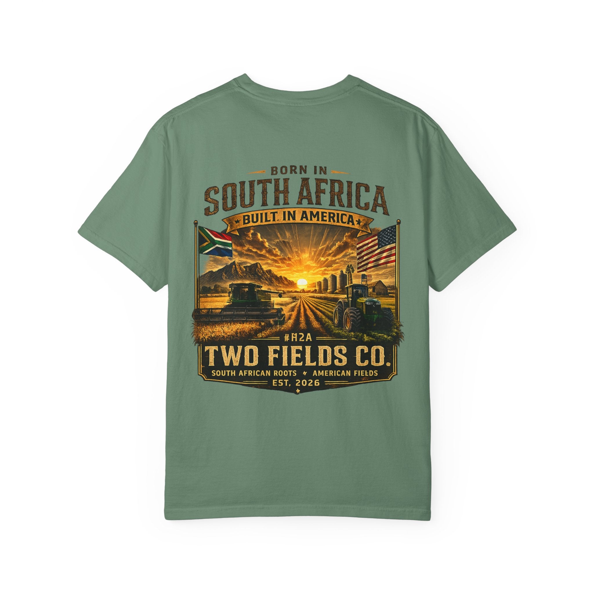 Green crew-neck graphic t-shirt with large South Africa road scene front print.