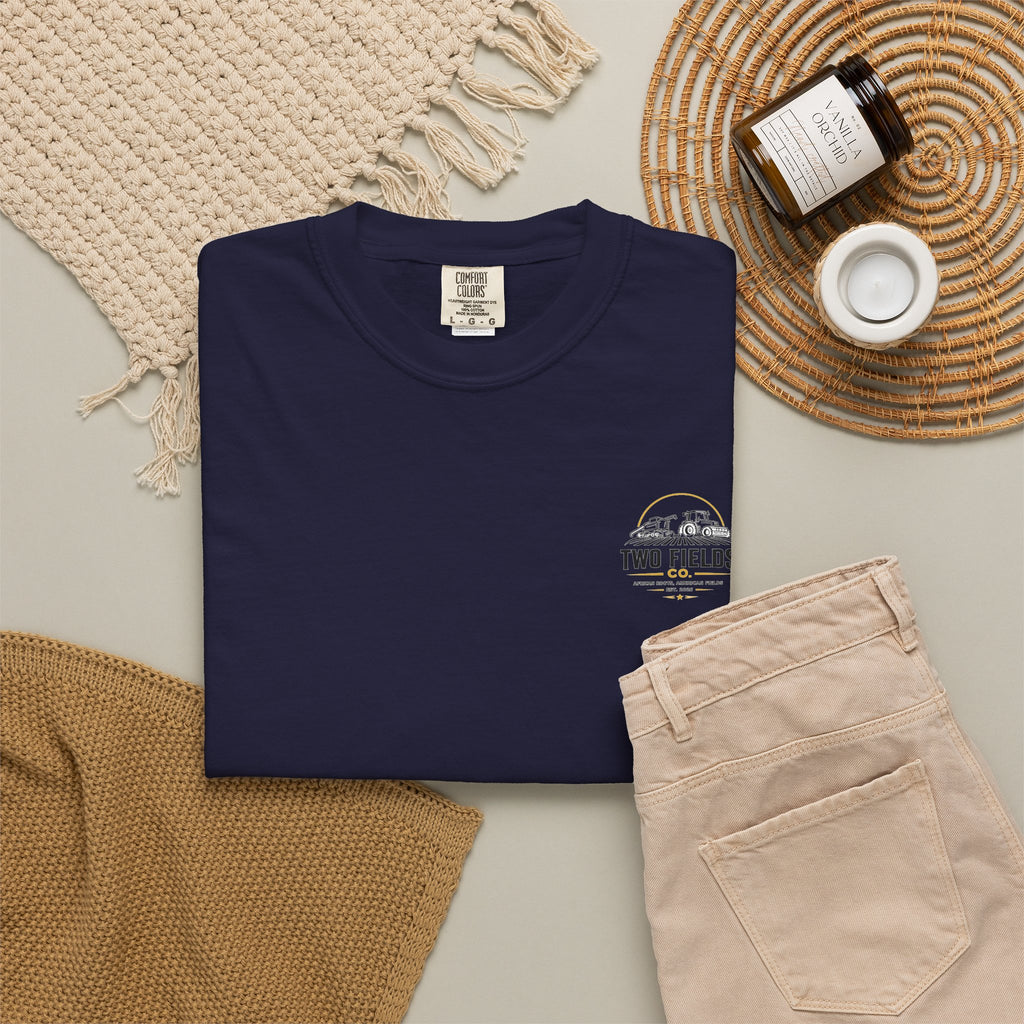 Men's navy crew-neck T-shirt with tractor and family faith graphic