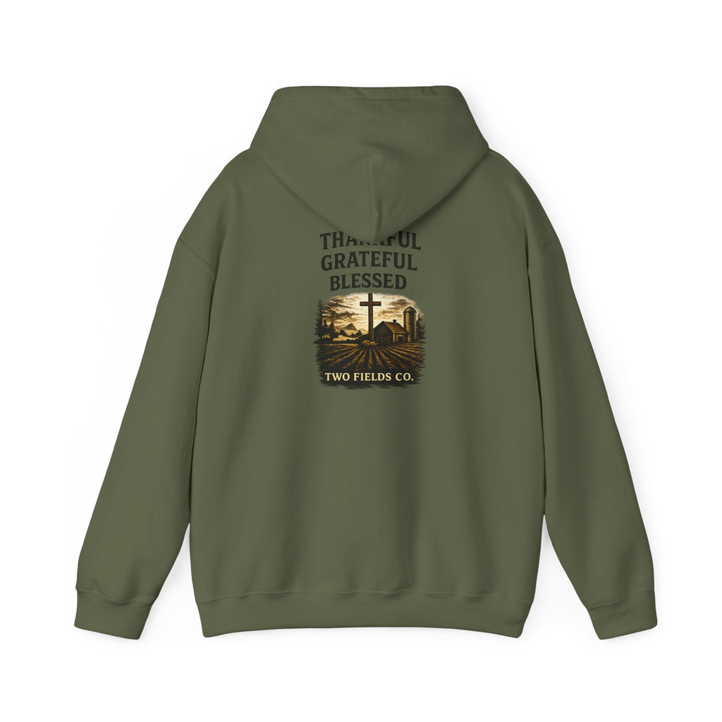 Olive green pullover hoodie with back print: Thankful Grateful Blessed cross and house graphic